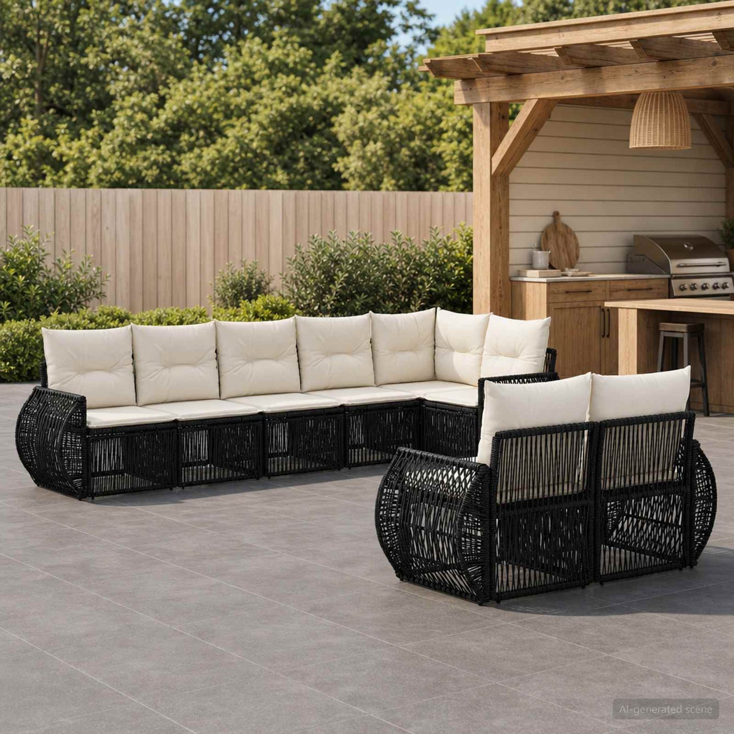 Gartensofa-set 8 pcs Schwarz und Cremeweiß Poly-Rattan