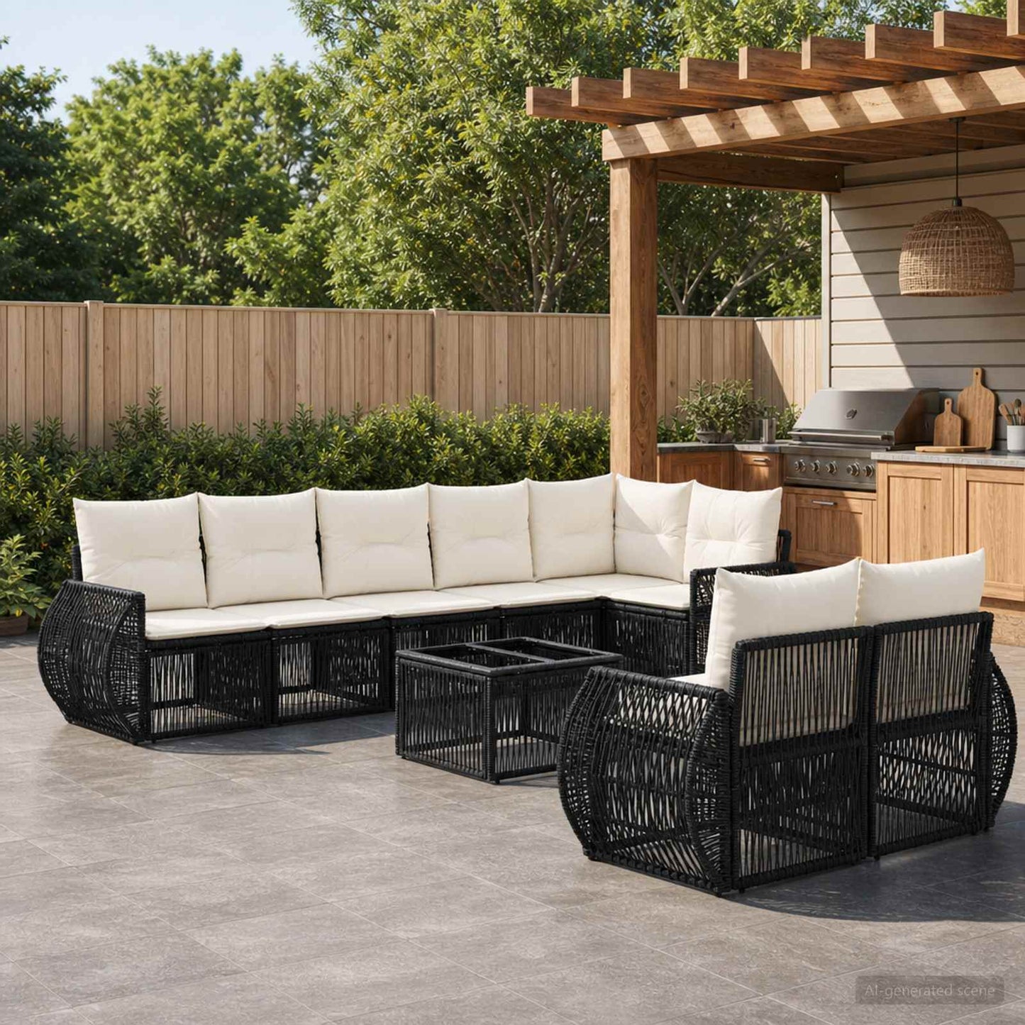 Gartensofa-set 9 pcs Schwarz und Cremeweiß Poly-Rattan