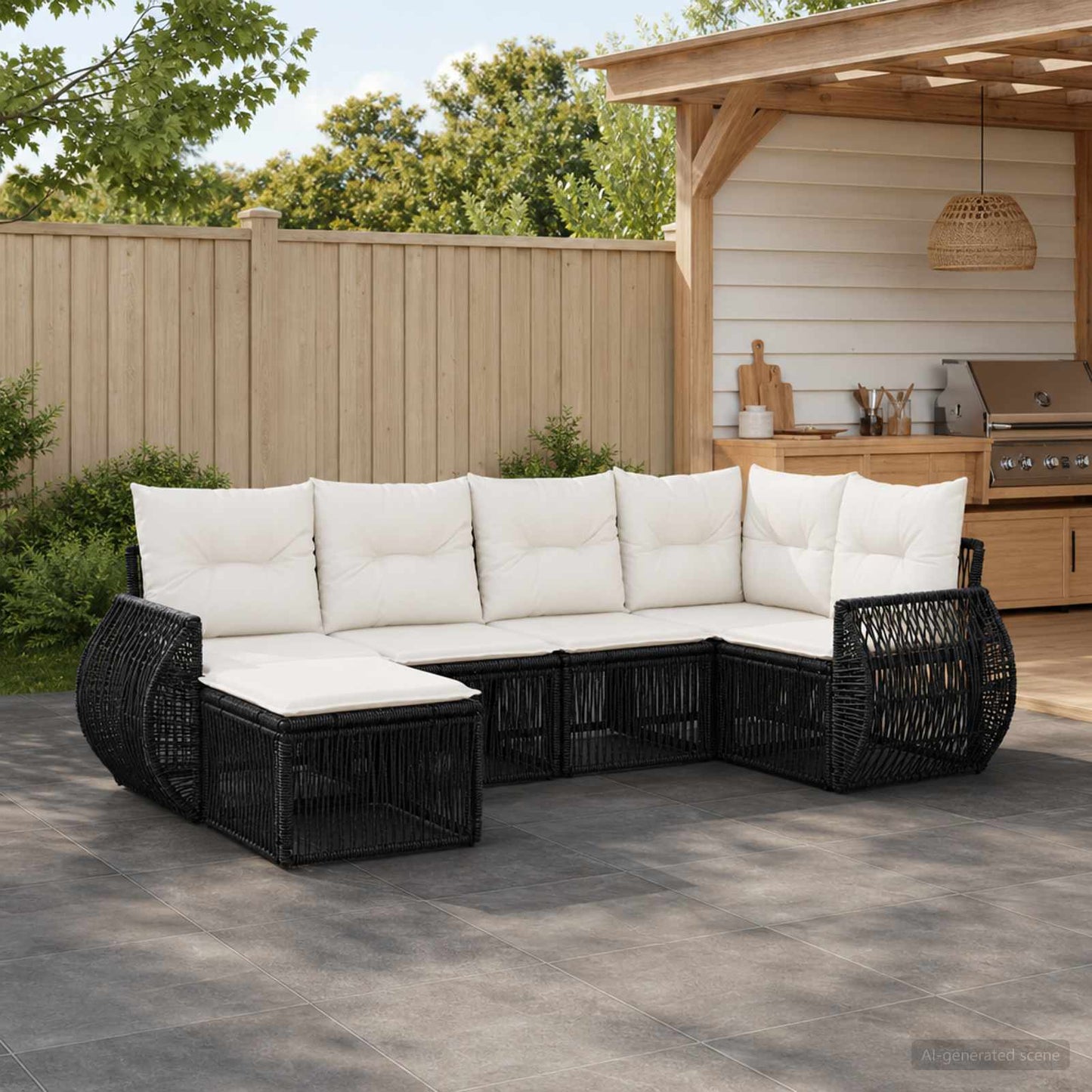 Gartensofa-set 6 stk. Schwarz und Cremeweiß Poly-Rattan