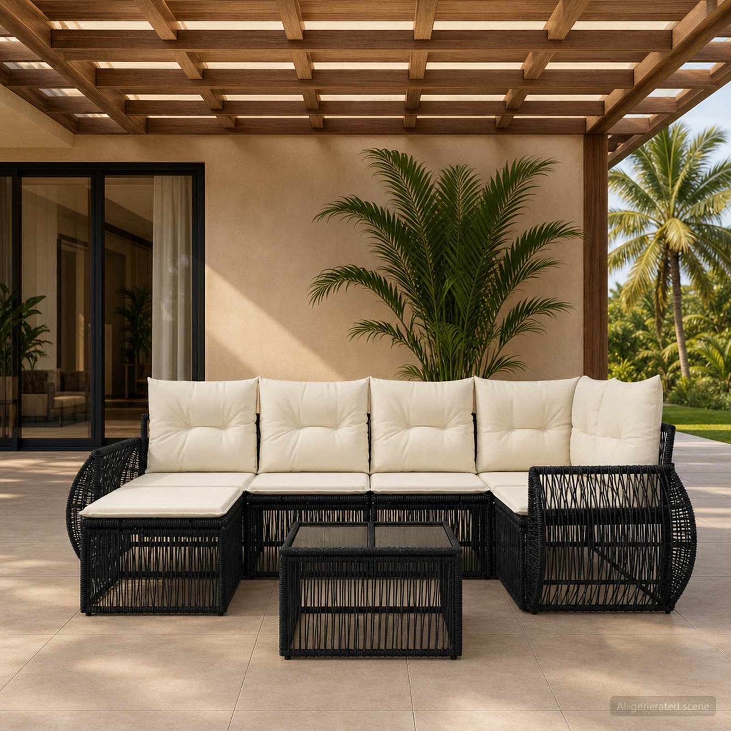 Gartensofa-set 7 stk. Schwarz und Cremeweiß Poly-Rattan