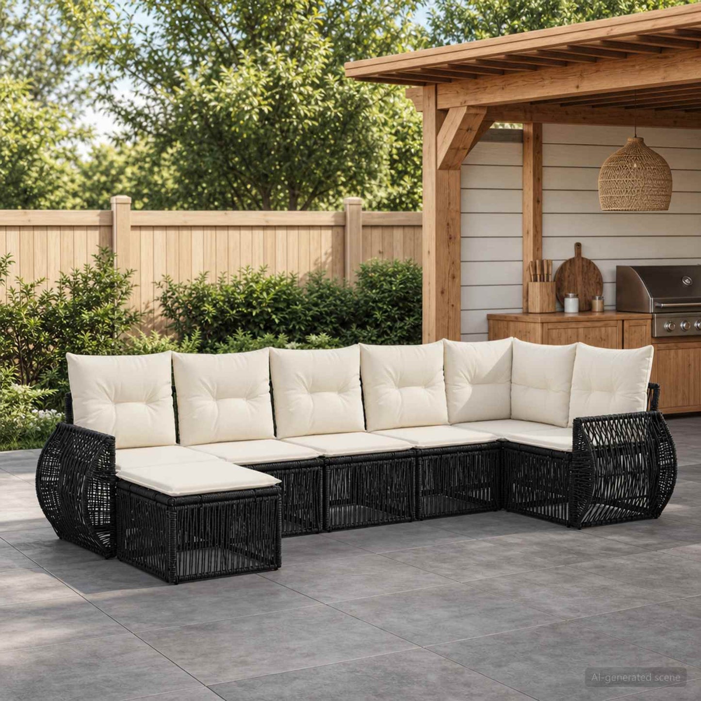 Gartensofa-set 7 pcs Schwarz und Cremeweiß Poly-Rattan