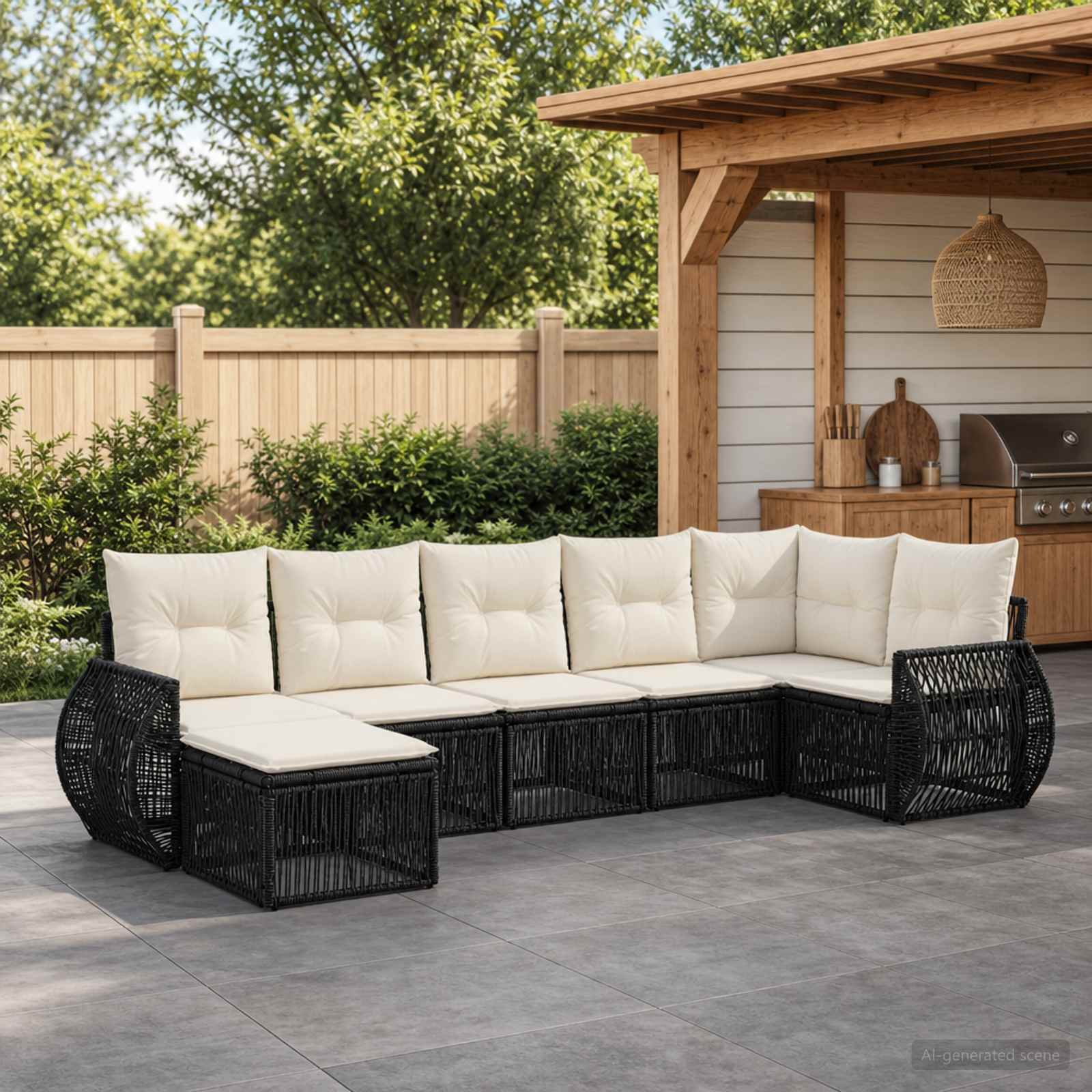 Gartensofa-set 7 pcs Schwarz und Cremeweiß Poly-Rattan