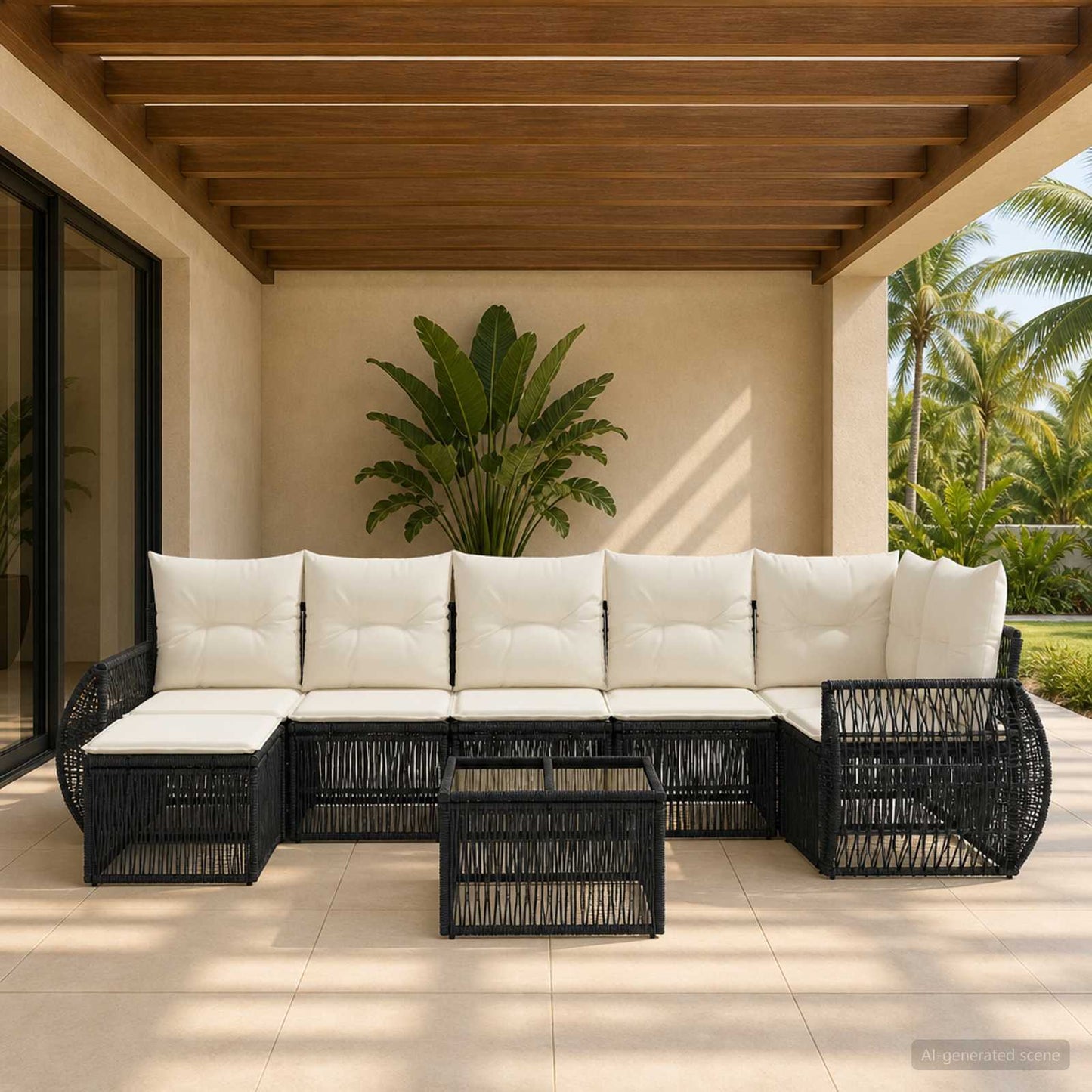 Gartensofa-set 8 pcs Schwarz und Cremeweiß Poly-Rattan