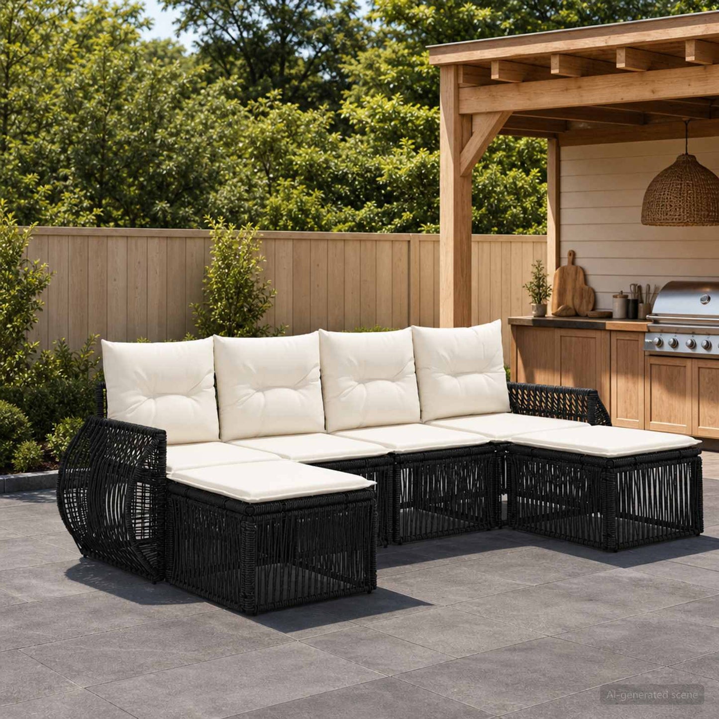 Gartensofa-set 6 pcs Schwarz und Cremeweiß Poly-Rattan