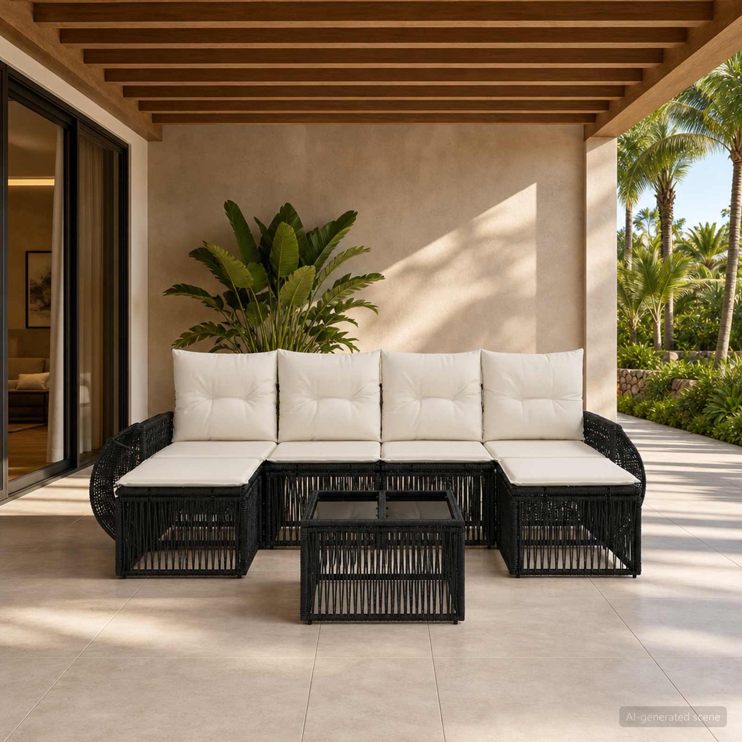 Gartensofa-set 7 stk. Schwarz und Cremeweiß Poly-Rattan