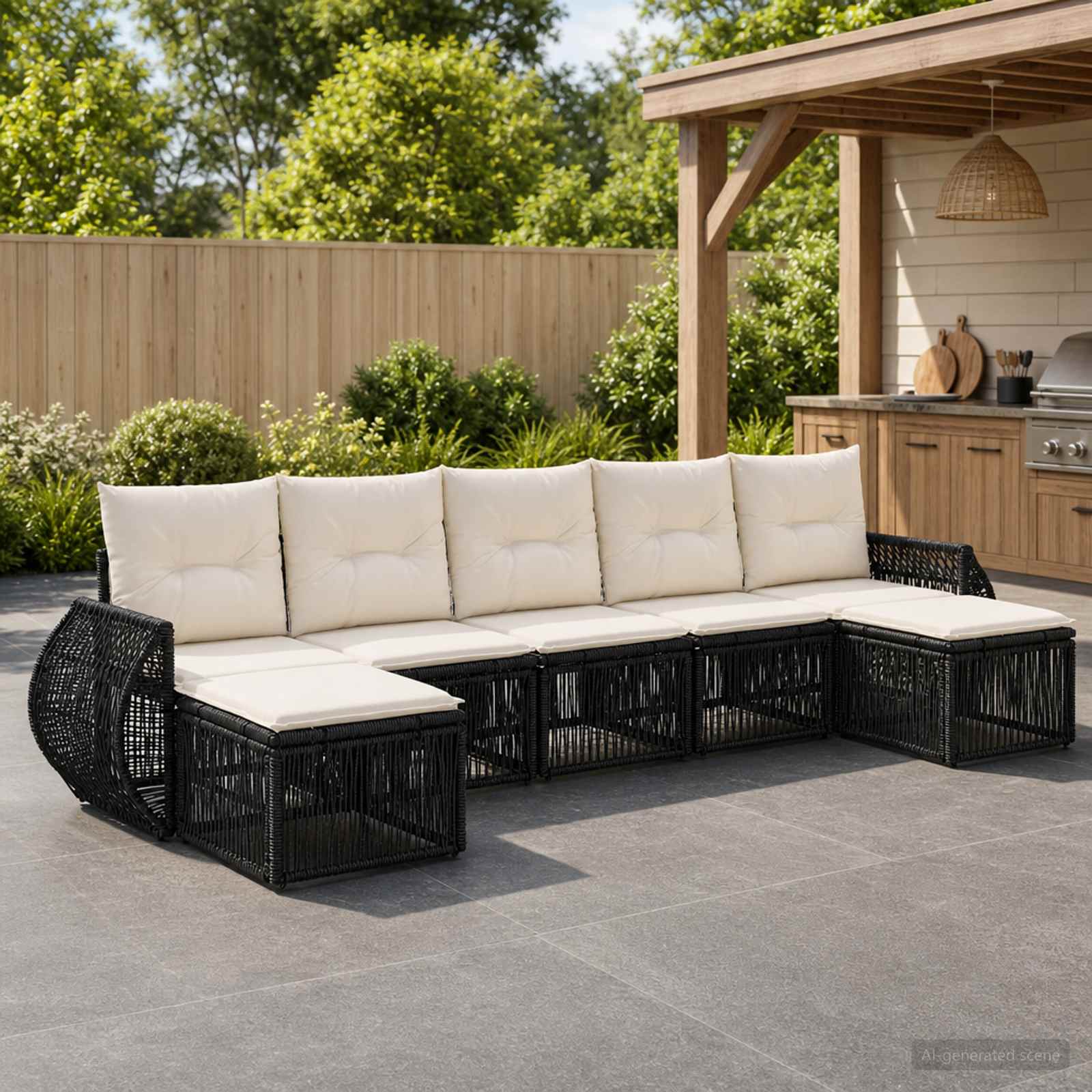 Gartensofa-set 7 stk. Schwarz und Cremeweiß Poly-Rattan