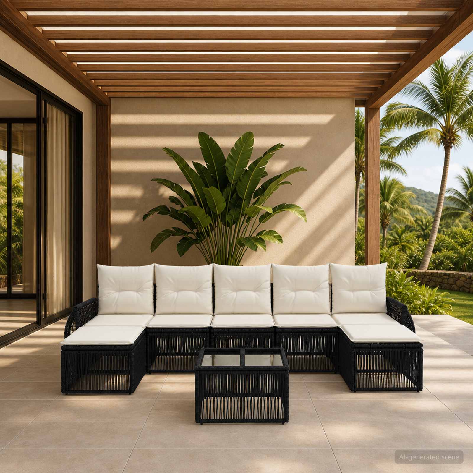 Gartensofa-set 8 stk. Schwarz und Cremeweiß Poly-Rattan
