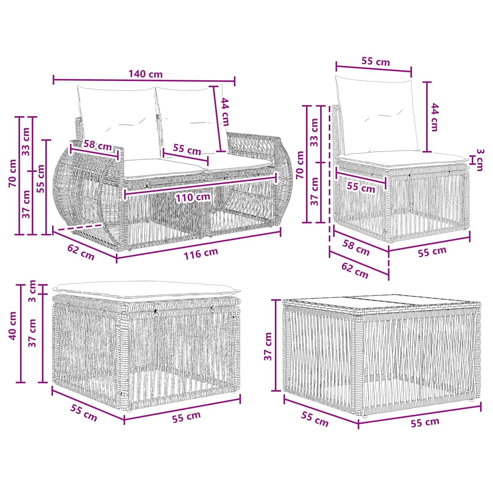Gartensofa-set 8 stk. Schwarz und Cremeweiß Poly-Rattan