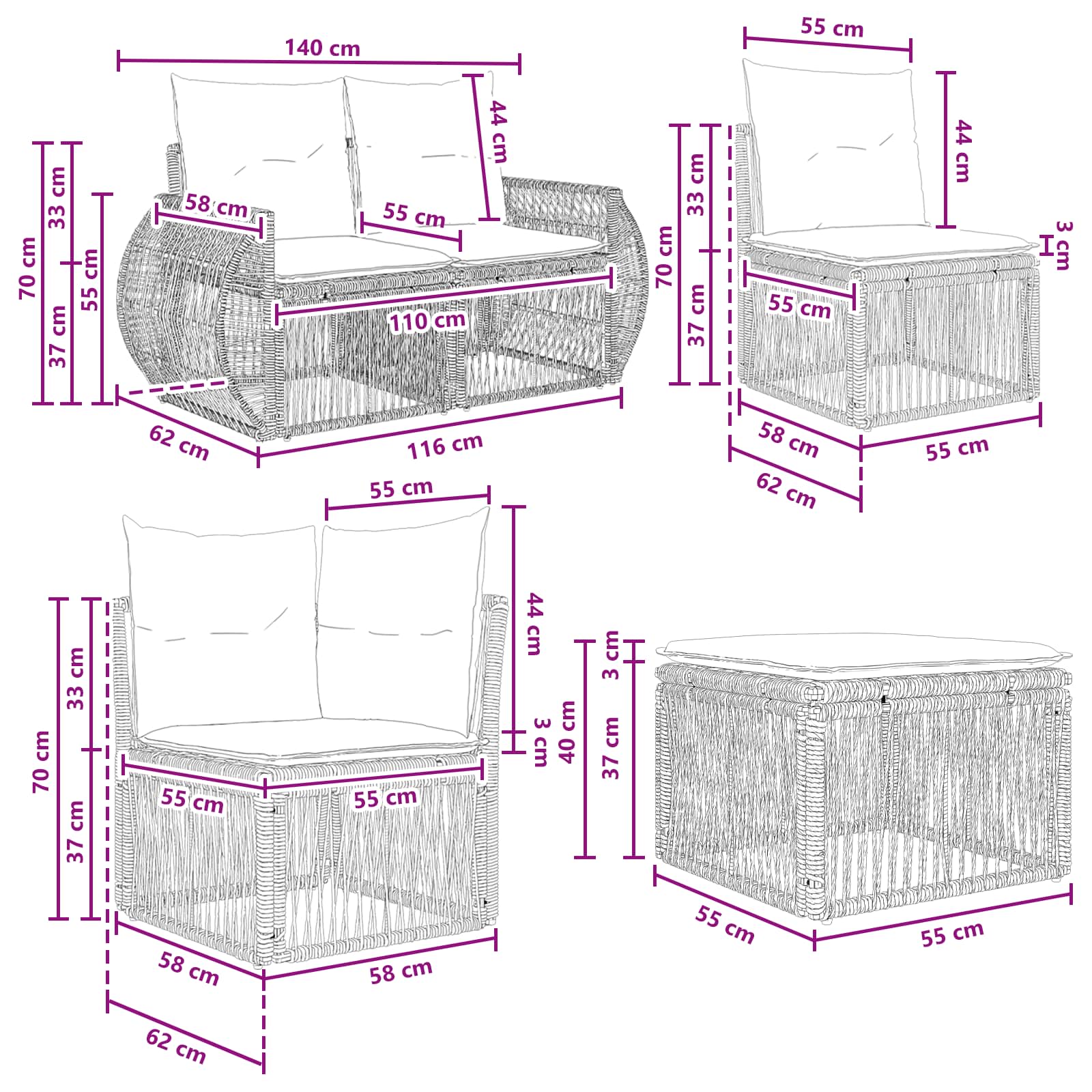Gartensofa-set 8 stk. Schwarz und Cremeweiß Poly-Rattan