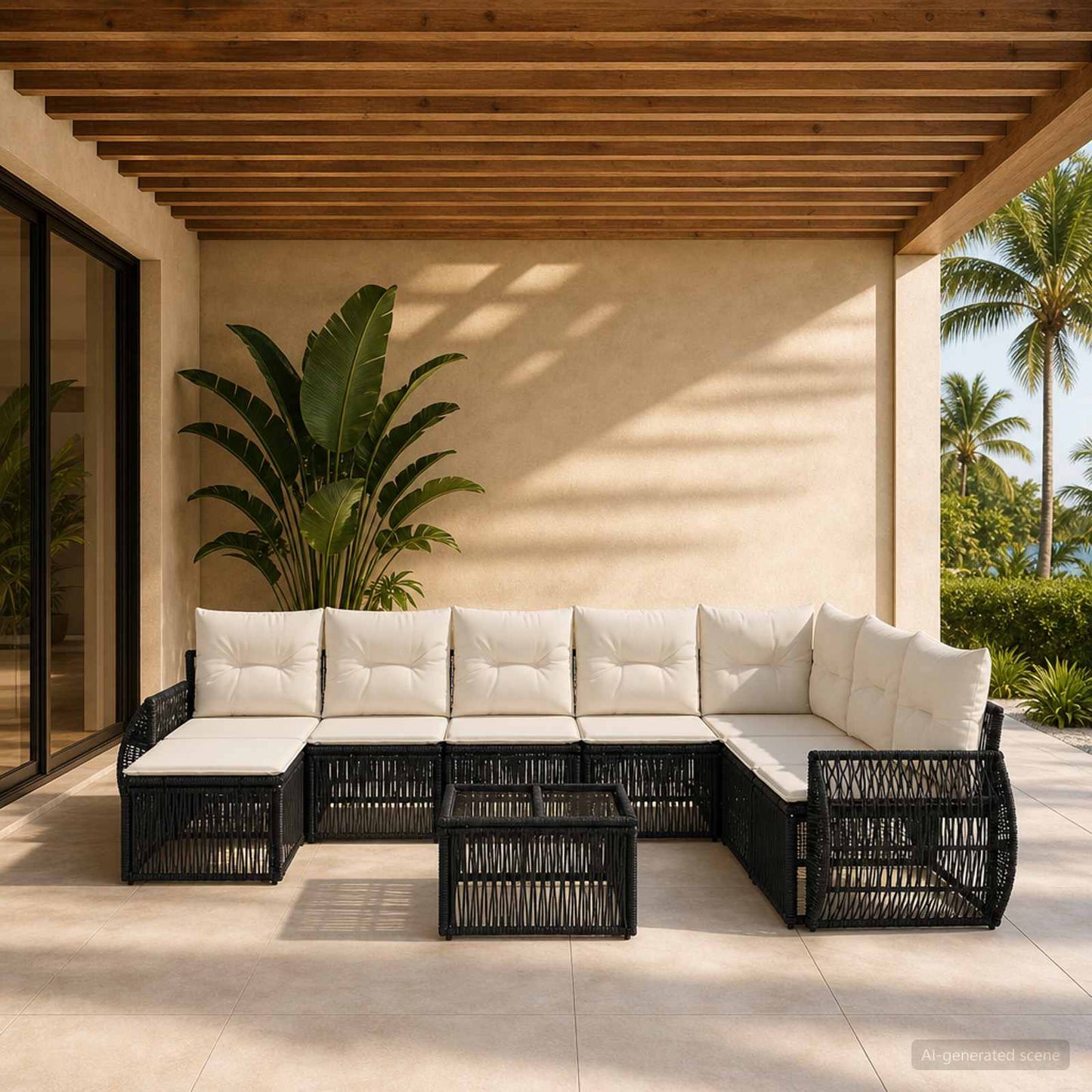 Gartensofa-set 9 stk. Schwarz und Cremeweiß Poly-Rattan