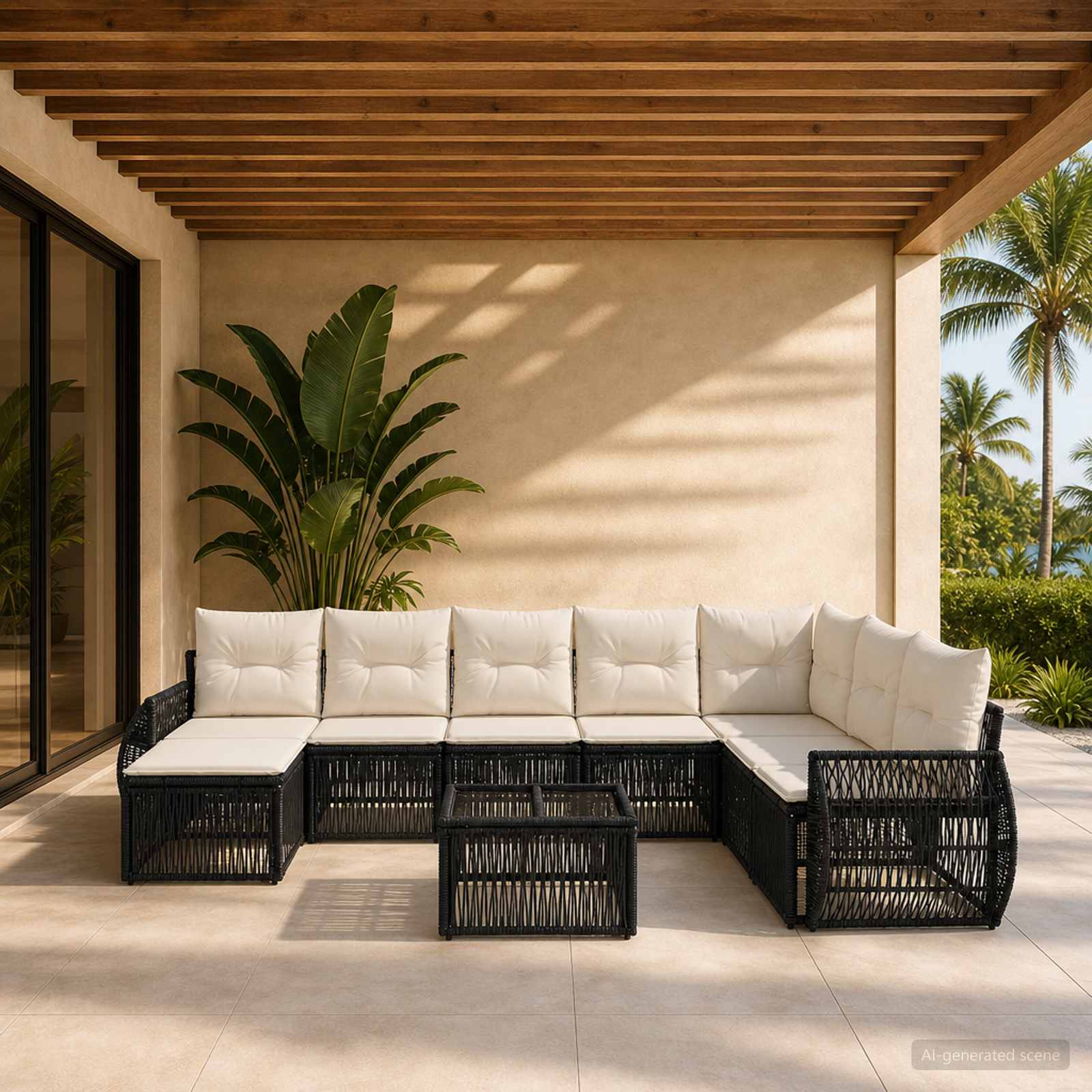 Gartensofa-set 9 stk. Schwarz und Cremeweiß Poly-Rattan