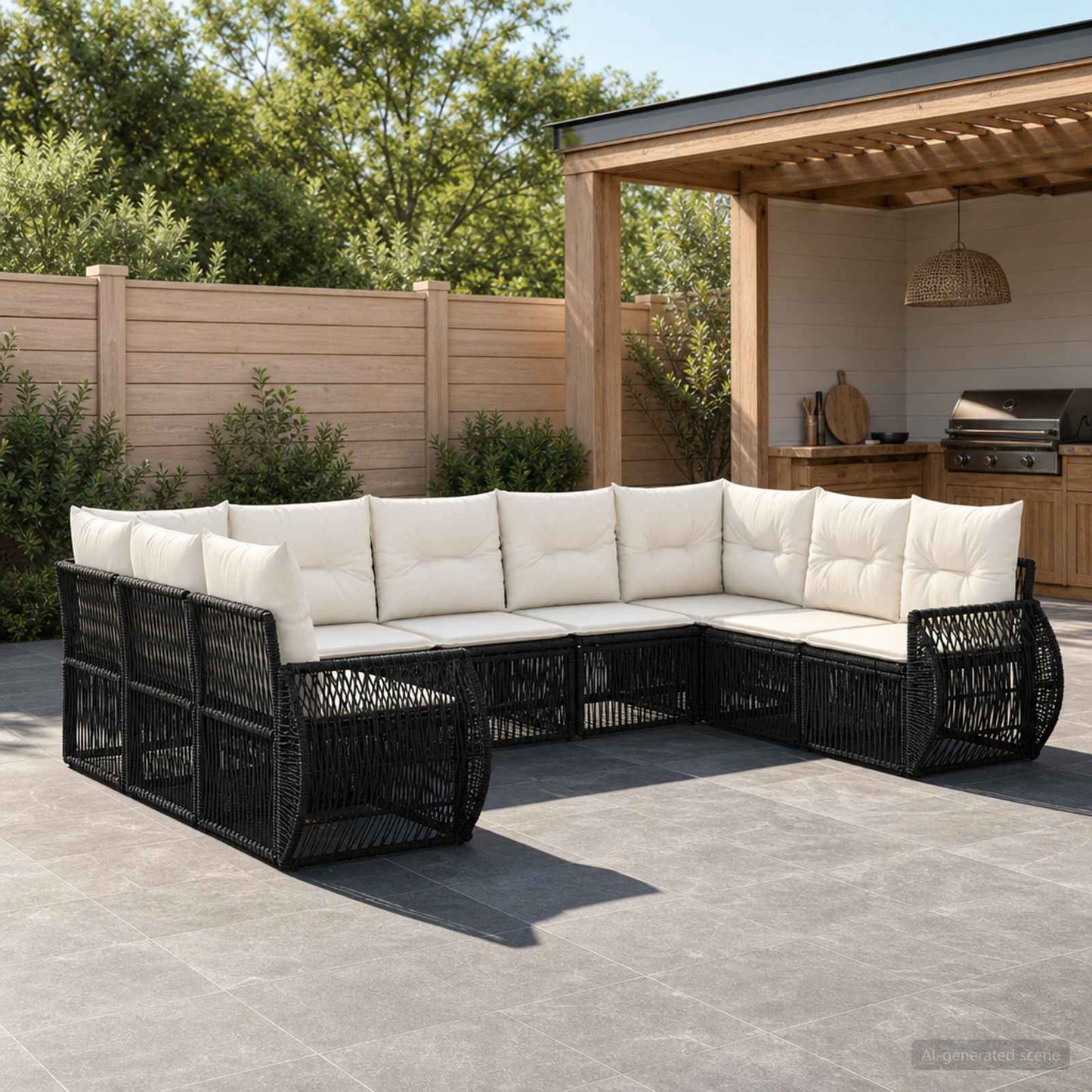 Gartensofa-set 9 pcs Schwarz und Cremeweiß Poly-Rattan