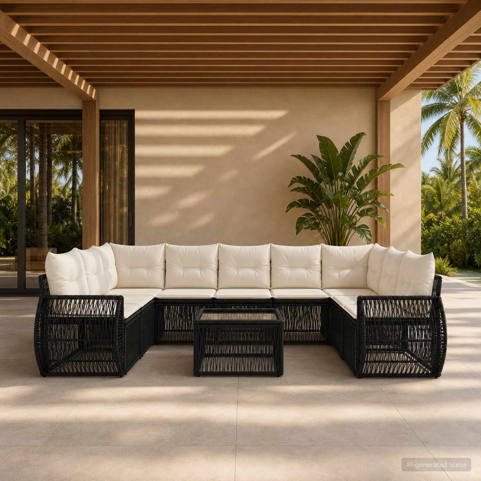 Gartensofa-set 10 pcs Schwarz und Cremeweiß Poly-Rattan