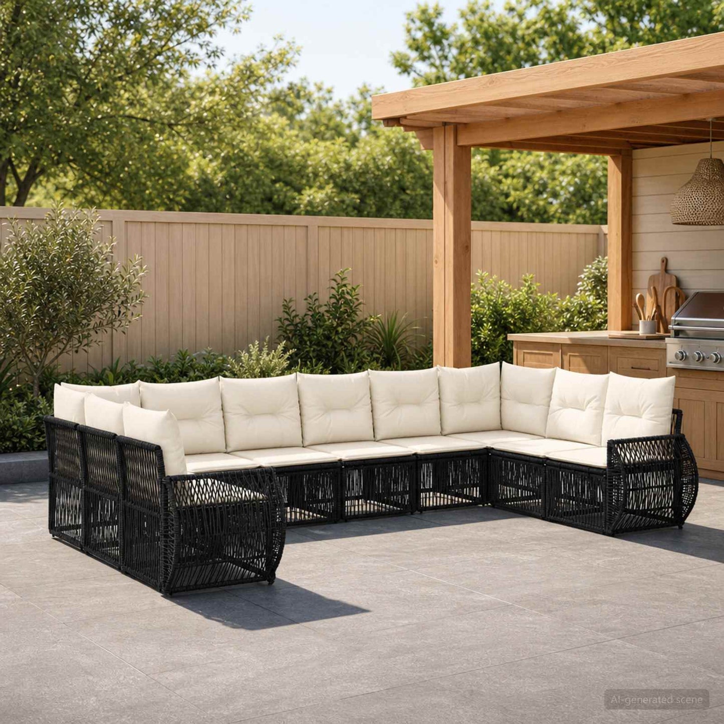 Gartensofa-set 10 stk. Schwarz und Cremeweiß Poly-Rattan