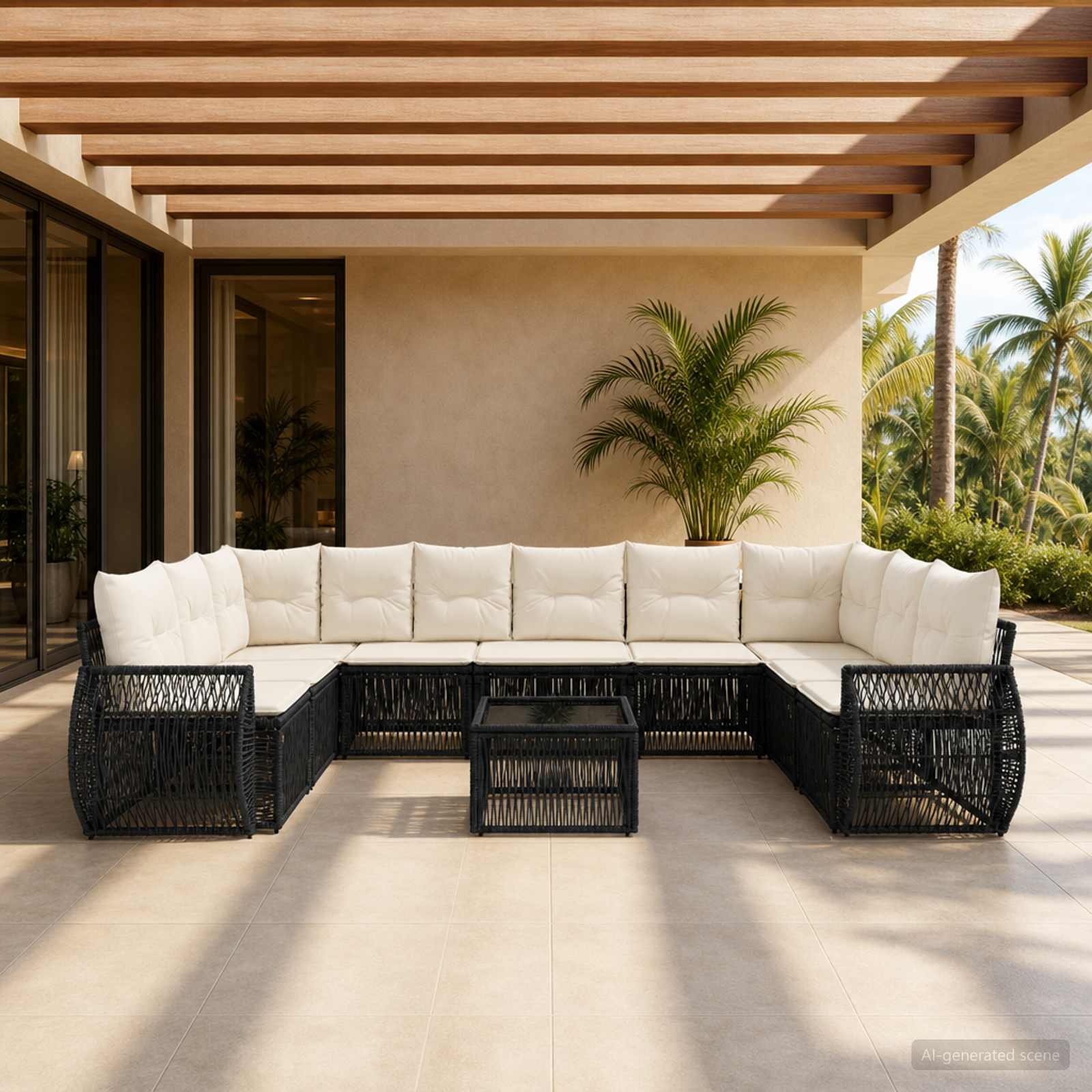 Gartensofa-set 11 stk. Schwarz und Cremeweiß Poly-Rattan