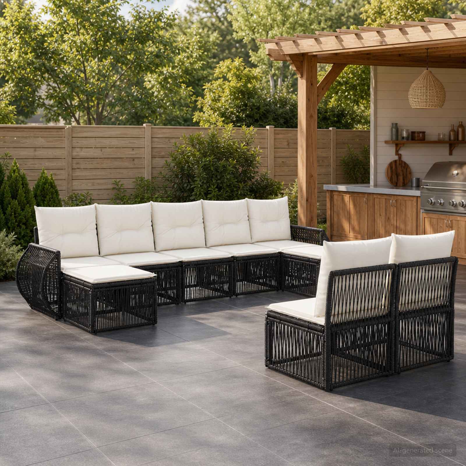 Gartensofa-set 9 stk. Schwarz und Cremeweiß Poly-Rattan