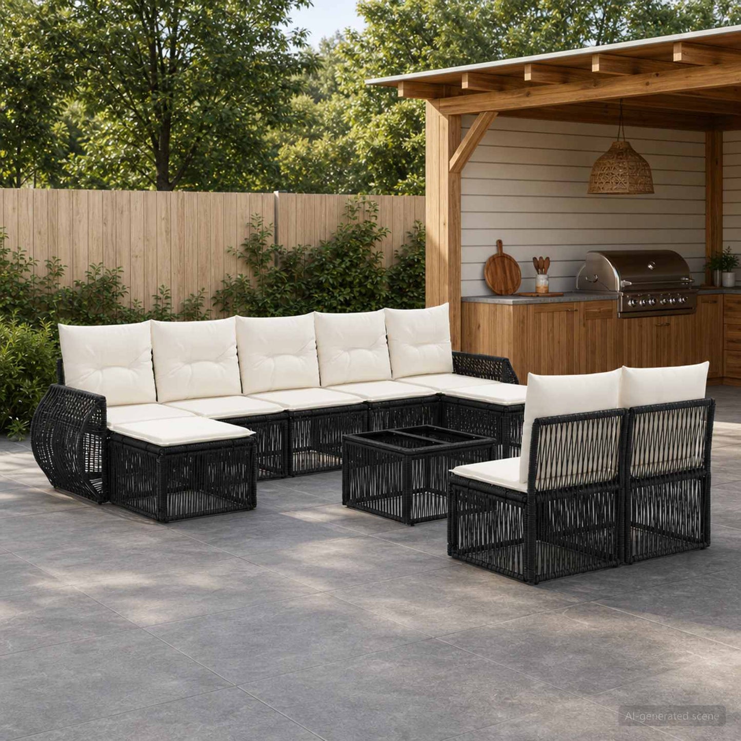 Gartensofa-set 10 pcs Schwarz und Cremeweiß Poly-Rattan