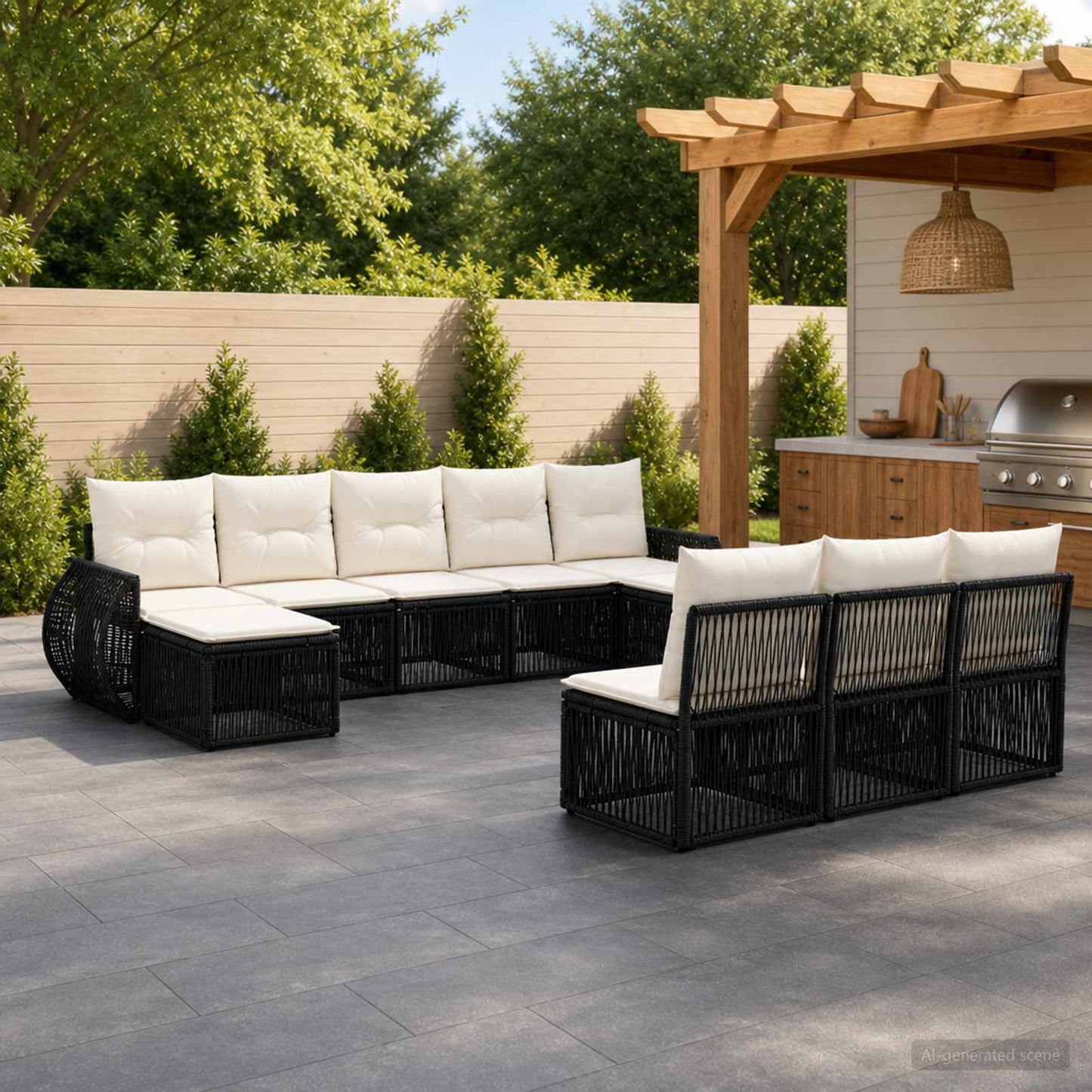 Gartensofa-set 10 pcs Schwarz und Cremeweiß Poly-Rattan