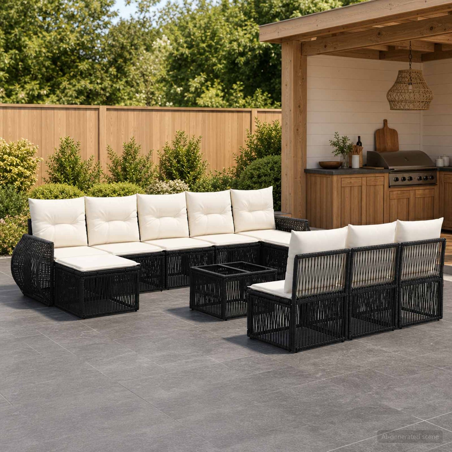 Gartensofa-set 11 stk. Schwarz und Cremeweiß Poly-Rattan