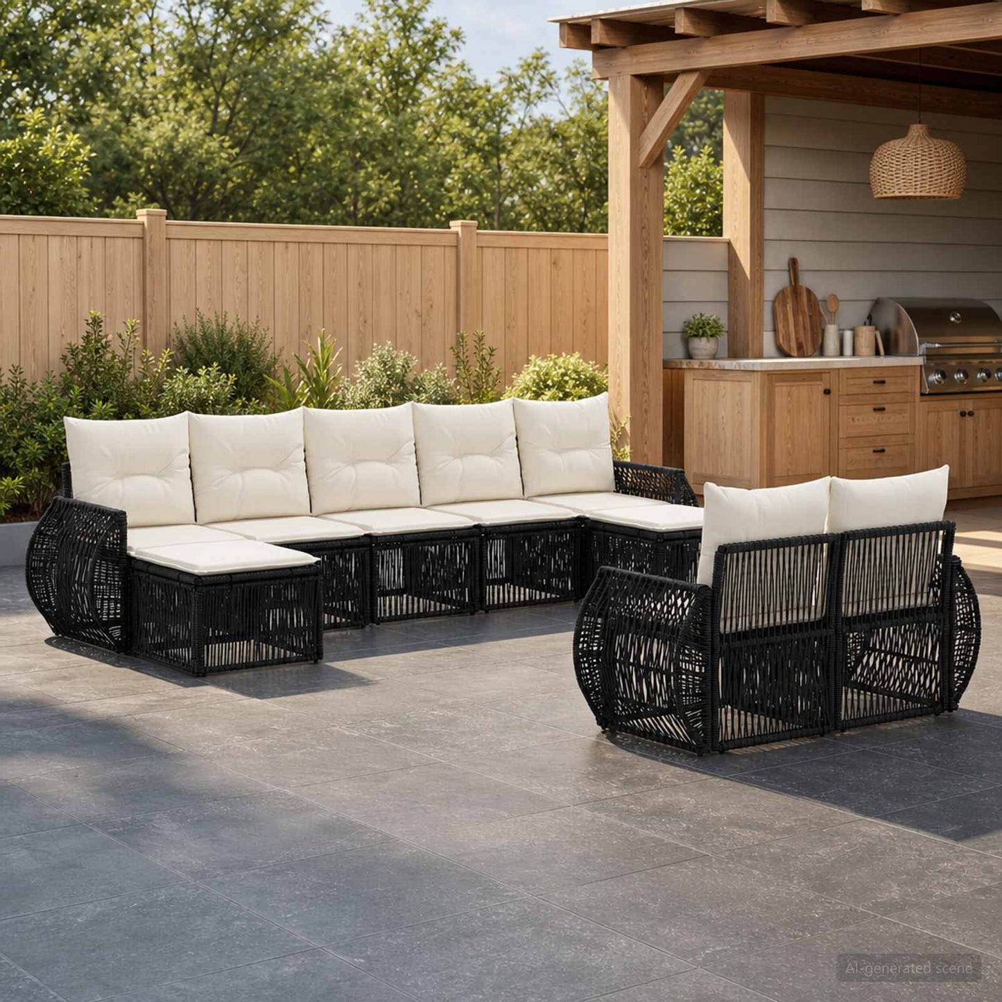 Gartensofa-set 9 pcs Schwarz und Cremeweiß Poly-Rattan