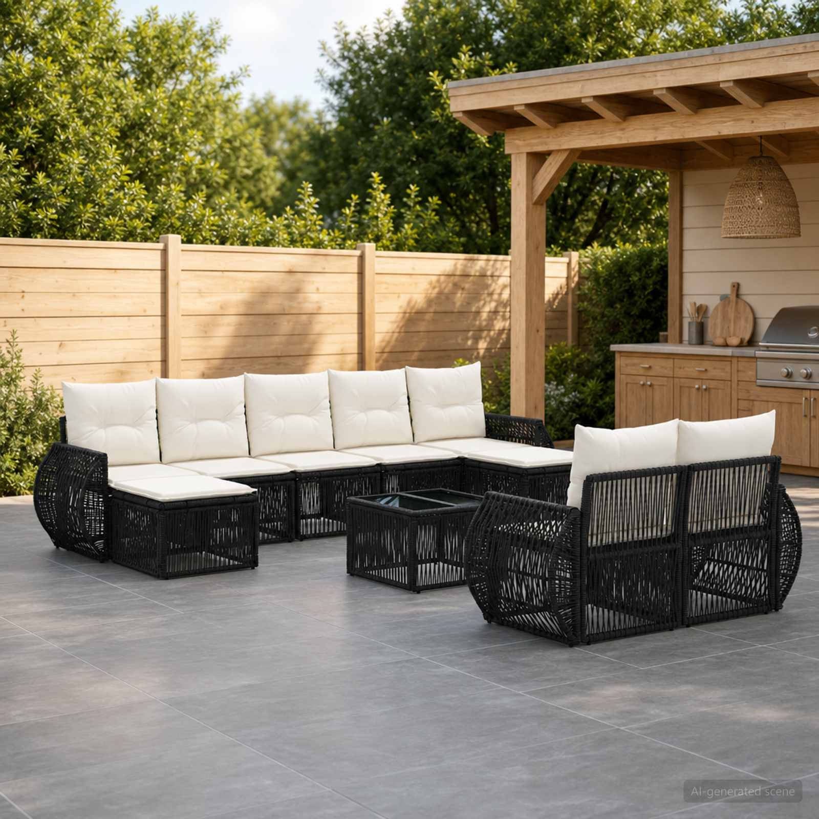 Gartensofa-set 10 pcs Schwarz und Cremeweiß Poly-Rattan