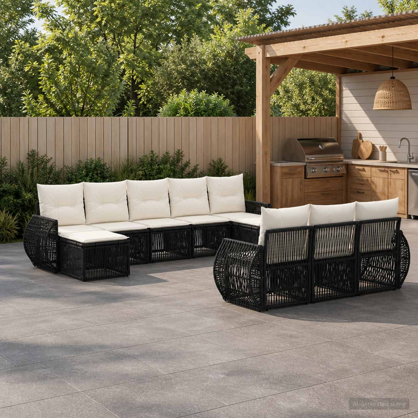 Gartensofa-set 10 pcs Schwarz und Cremeweiß Poly-Rattan