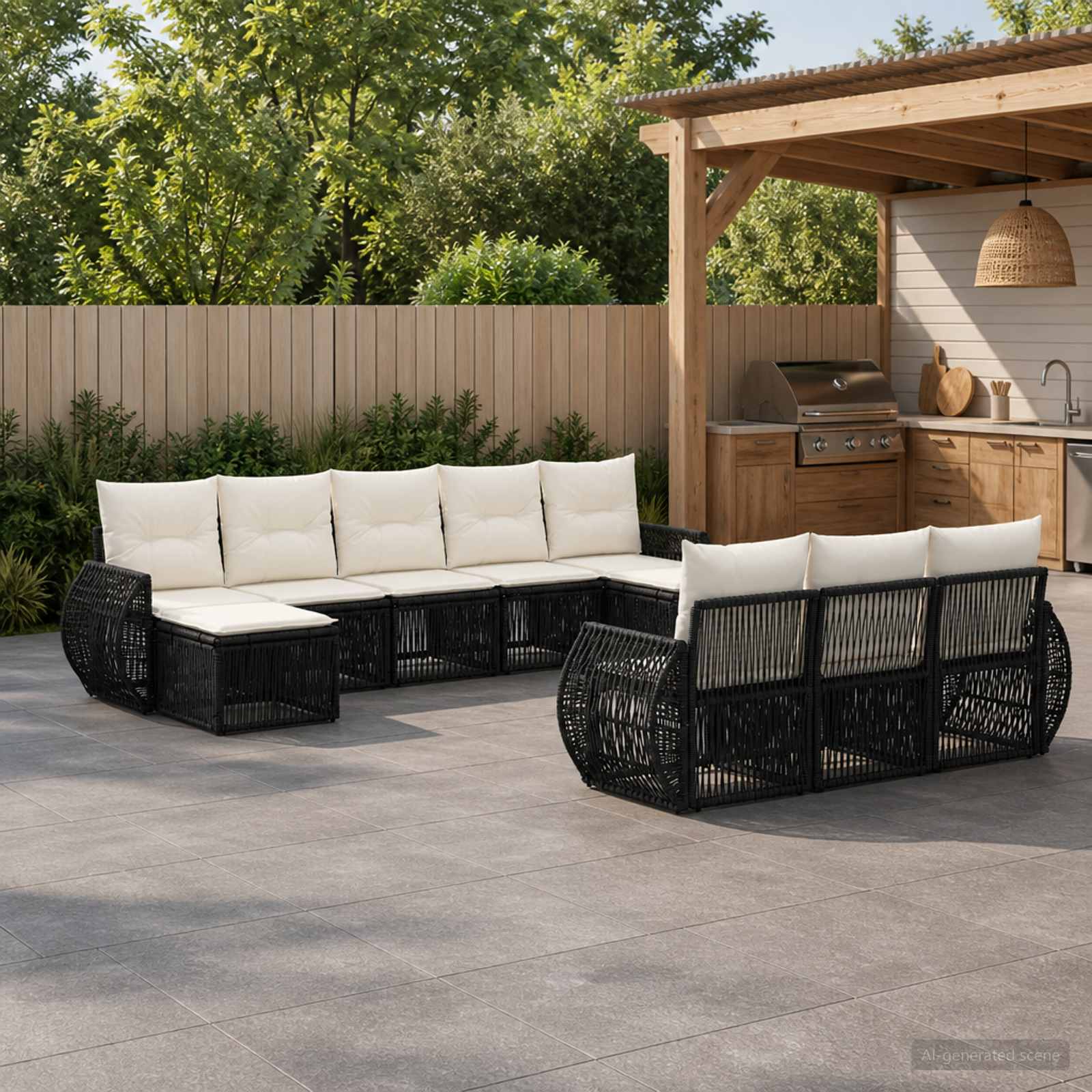 Gartensofa-set 10 pcs Schwarz und Cremeweiß Poly-Rattan
