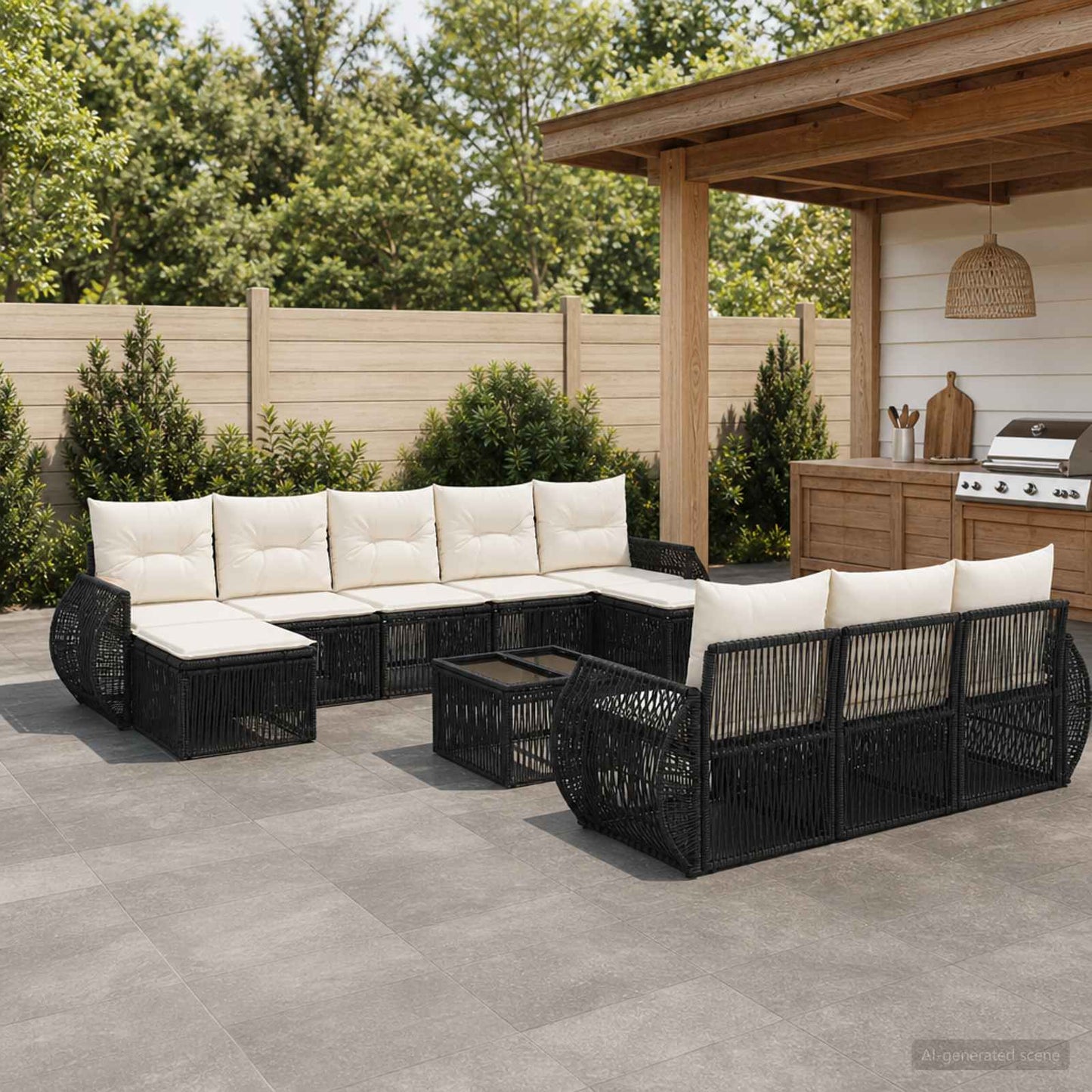 Gartensofa-set 11 stk. Schwarz und Cremeweiß Poly-Rattan