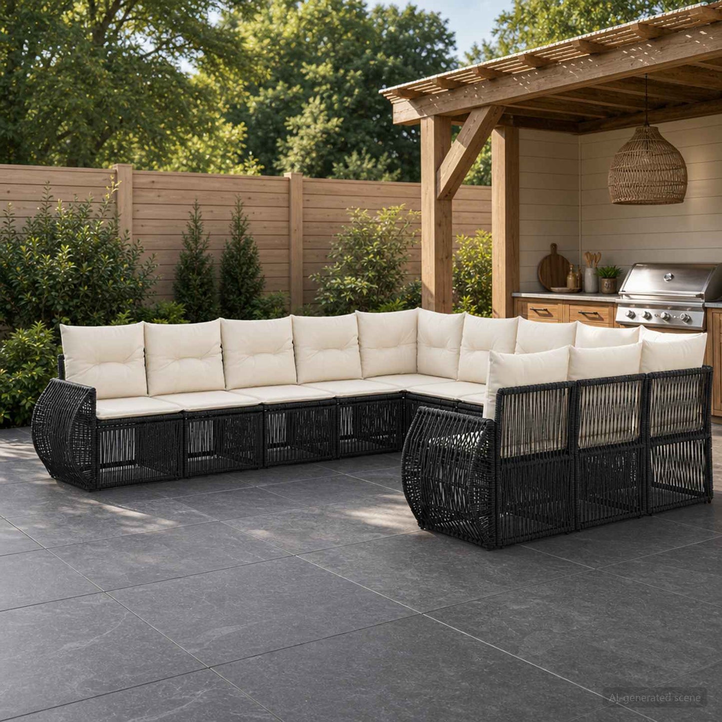 Gartensofa-set 11 stk. Schwarz und Cremeweiß Poly-Rattan
