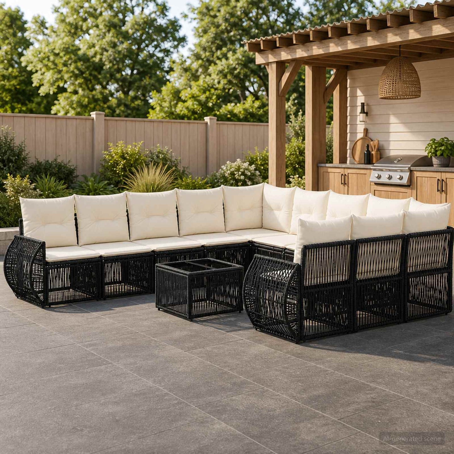 Gartensofa-set 12 stk. Schwarz und Cremeweiß Poly-Rattan