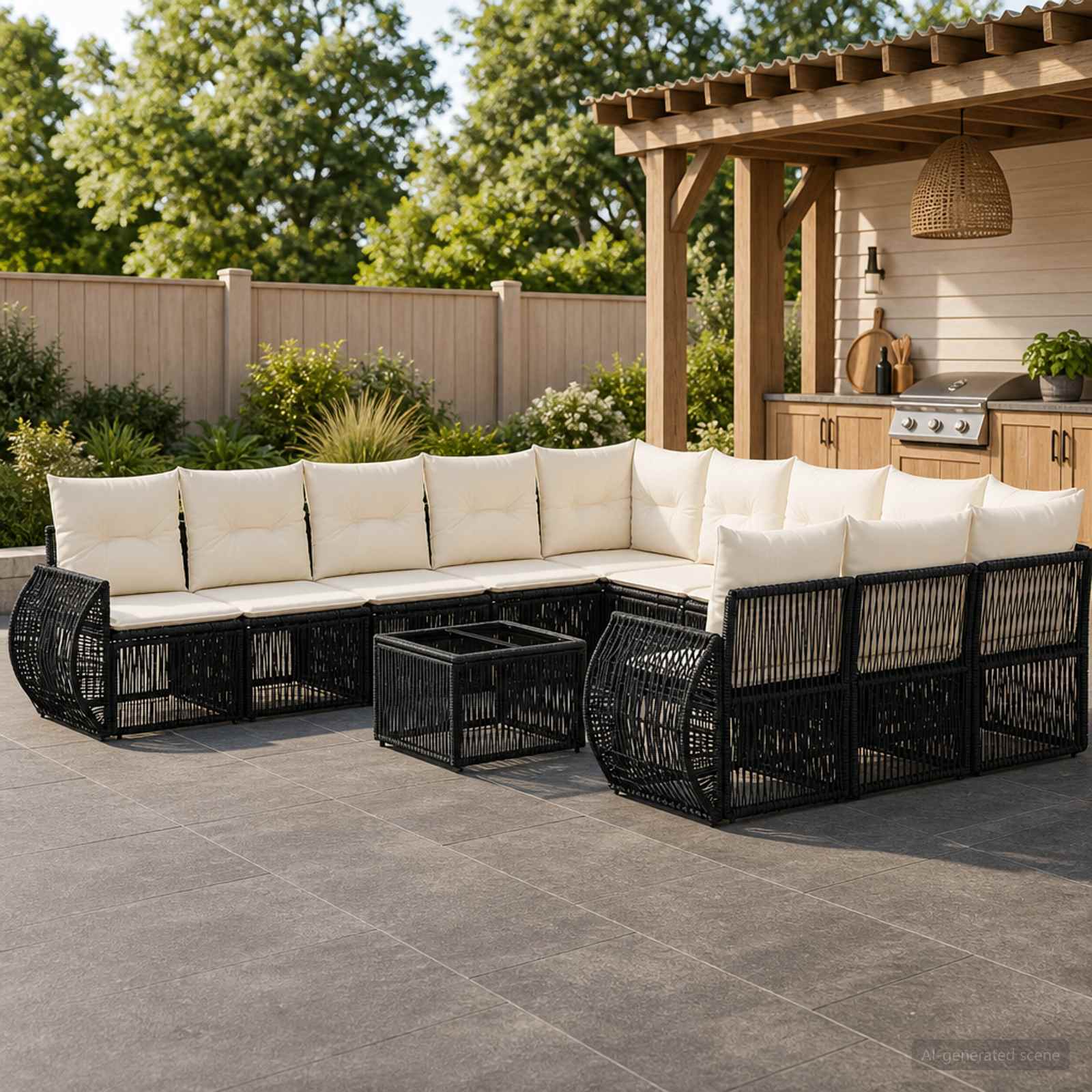 Gartensofa-set 12 stk. Schwarz und Cremeweiß Poly-Rattan