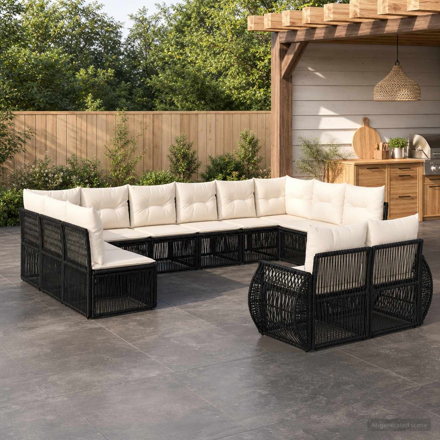Gartensofa-set 12 pcs Schwarz und Cremeweiß Poly-Rattan
