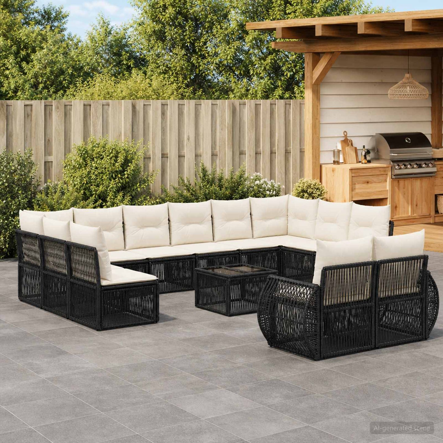 Gartensofa-set 13 pcs Schwarz und Cremeweiß Poly-Rattan