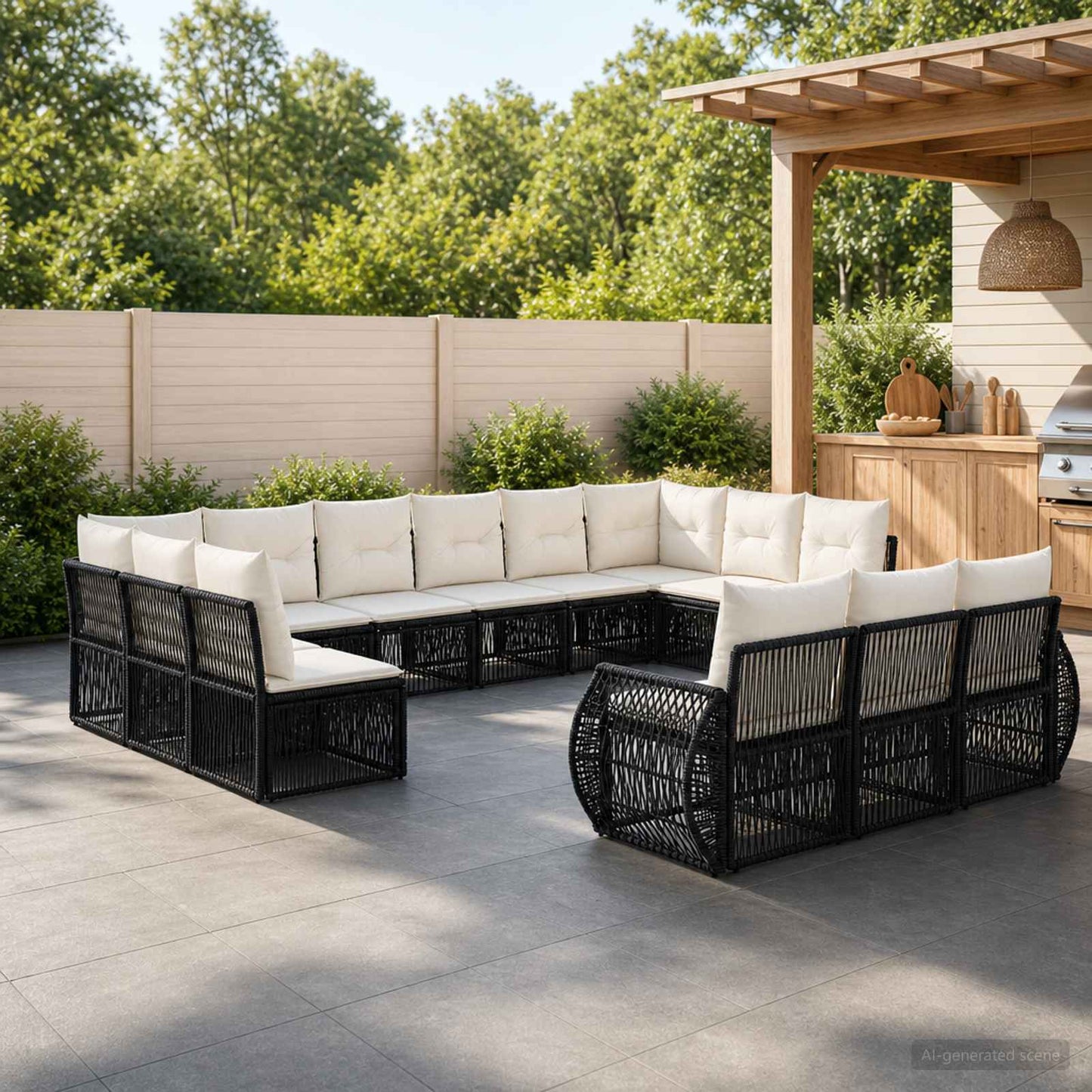 Gartensofa-set 13 pcs Schwarz und Cremeweiß Poly-Rattan