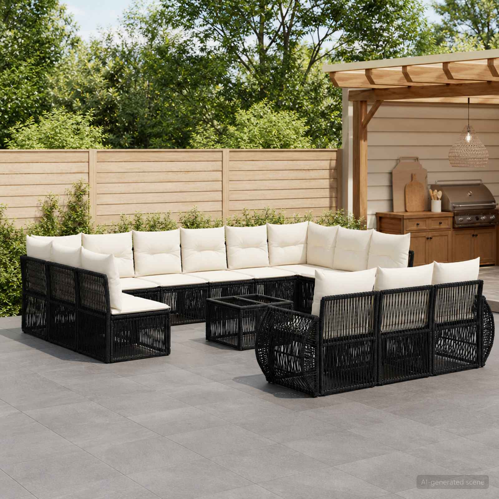 Gartensofa-set 14 pcs Schwarz und Cremeweiß Poly-Rattan