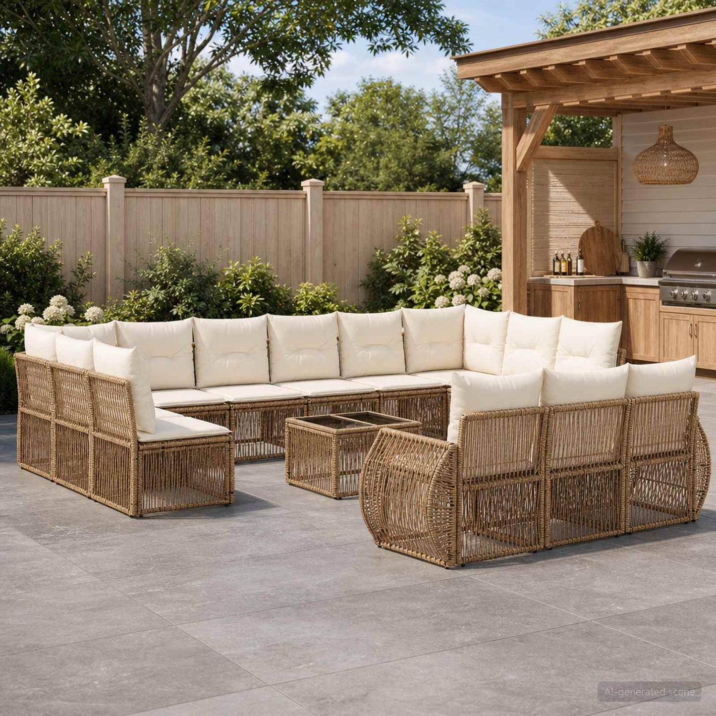 Gartensofa-set 14 pcs Beige und Cremeweiß Poly-Rattan