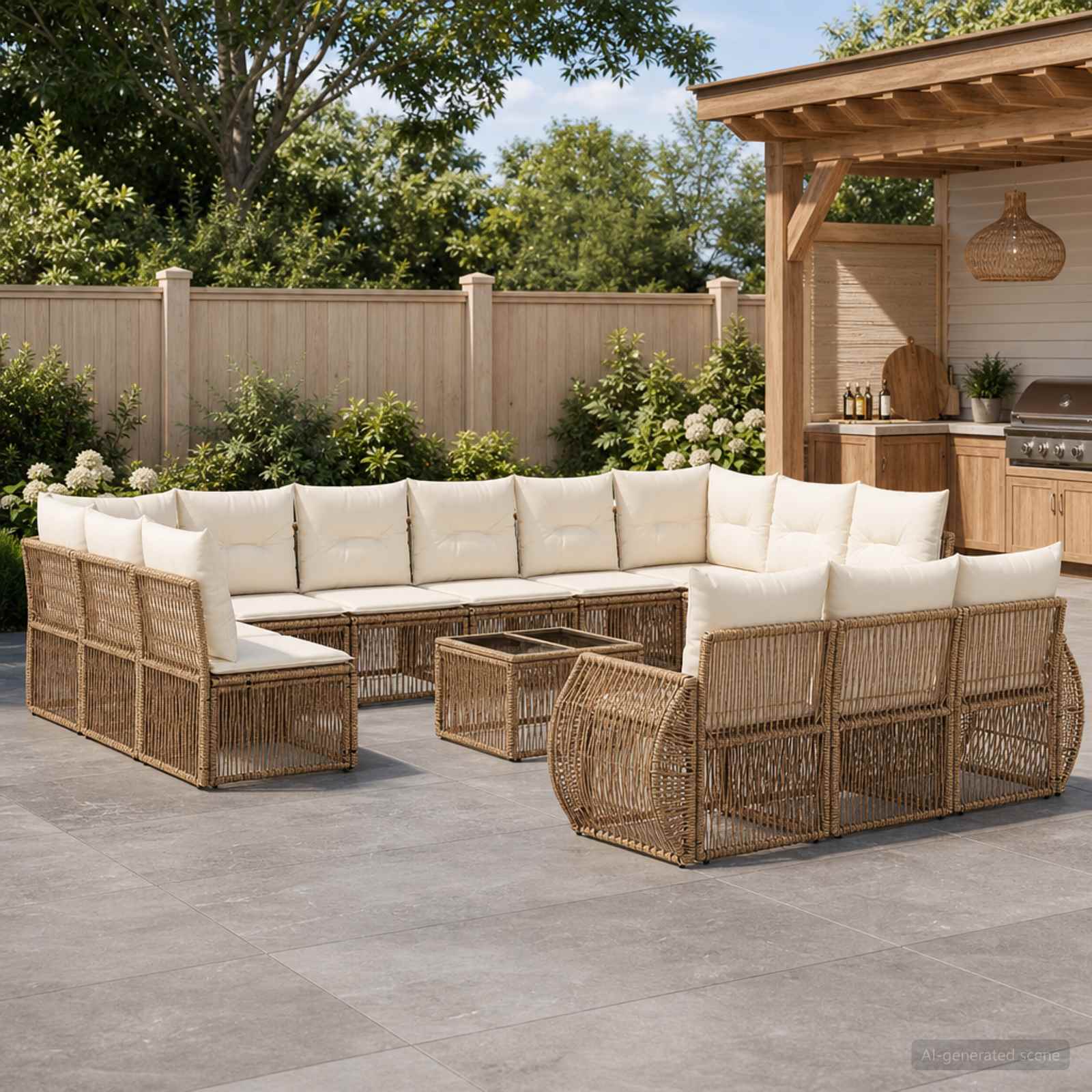 Gartensofa-set 14 pcs Beige und Cremeweiß Poly-Rattan