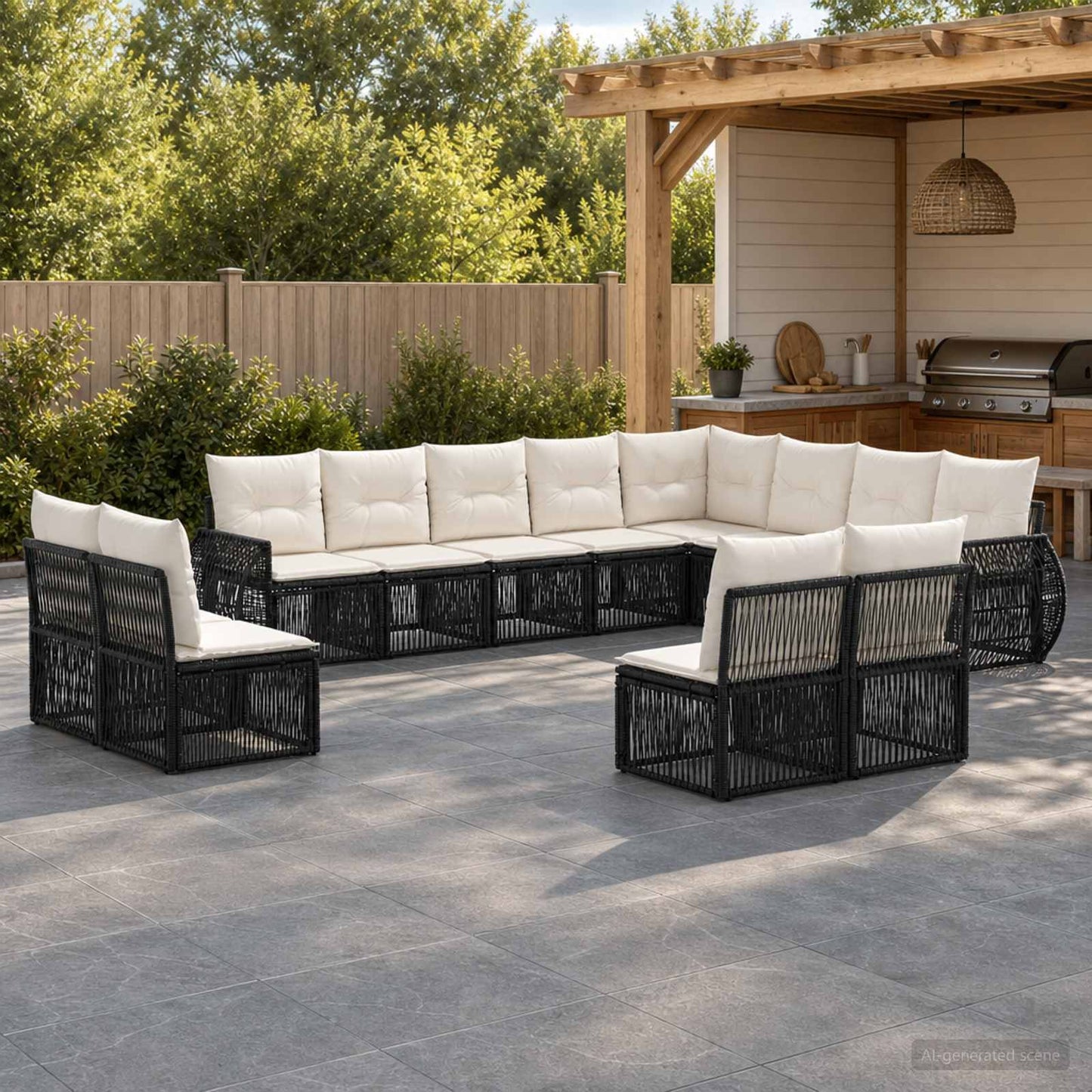 Gartensofa-set 12 pcs Schwarz und Cremeweiß Poly-Rattan