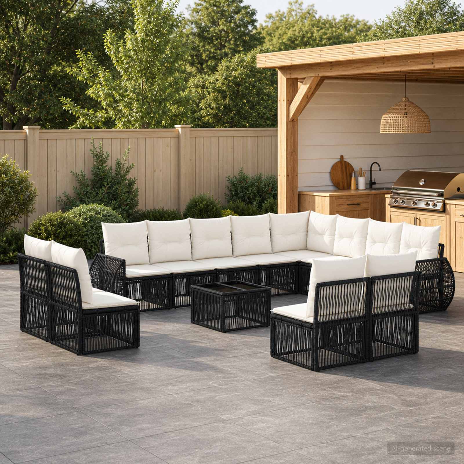 Gartensofa-set 13 pcs Schwarz und Cremeweiß Poly-Rattan