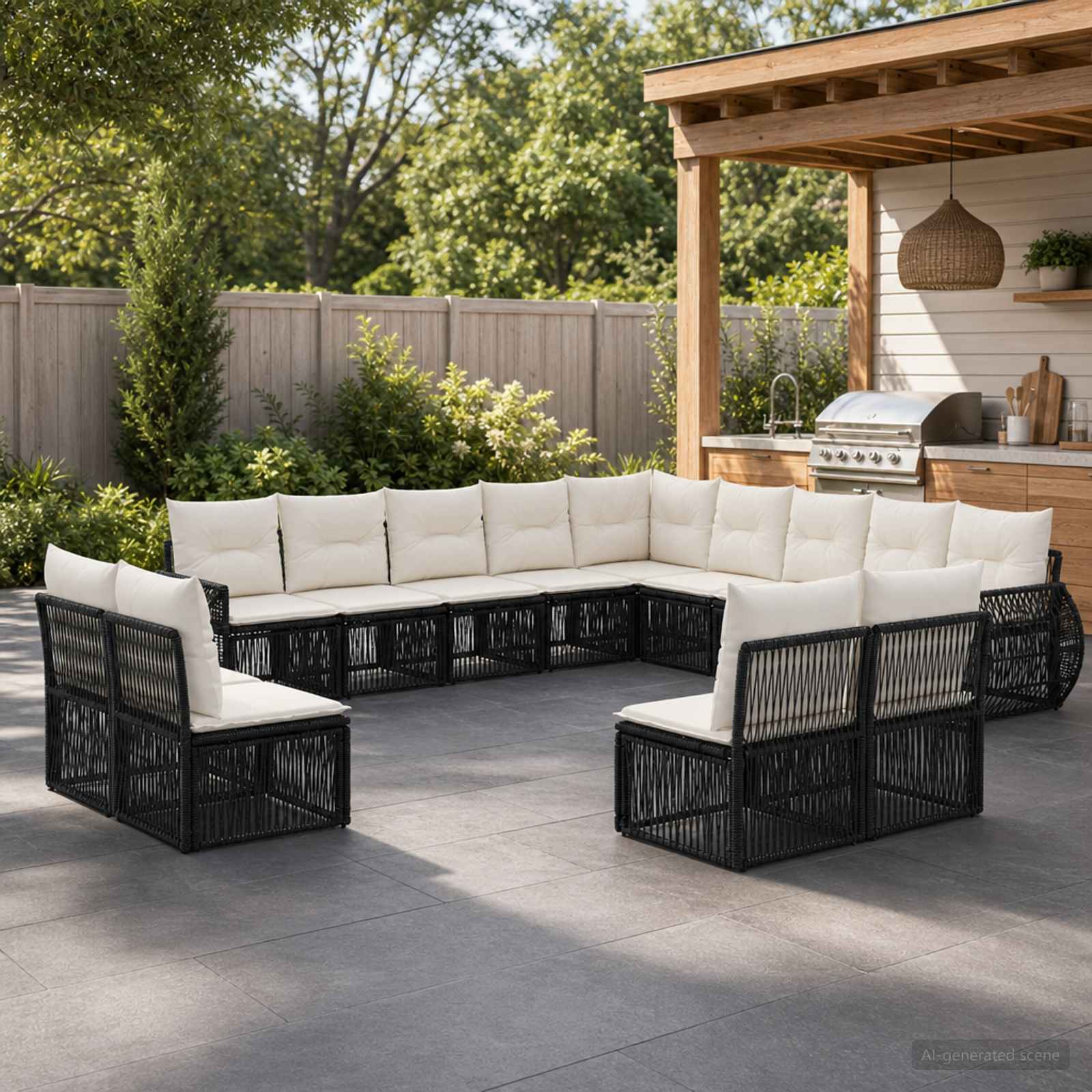 Gartensofa-set 13 pcs Schwarz und Cremeweiß Poly-Rattan