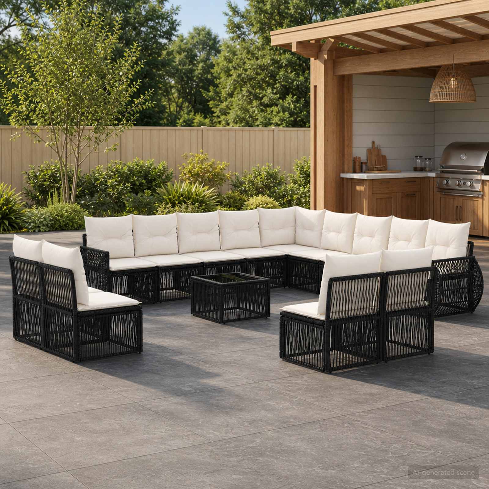 Gartensofa-set 14 pcs Schwarz und Cremeweiß Poly-Rattan