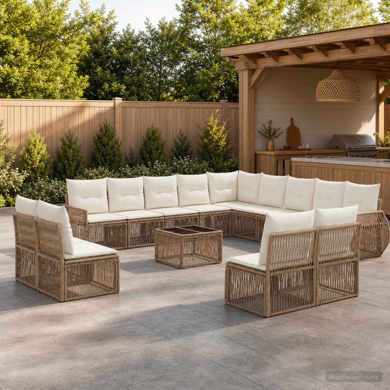 Gartensofa-set 14 pcs Beige und Cremeweiß Poly-Rattan