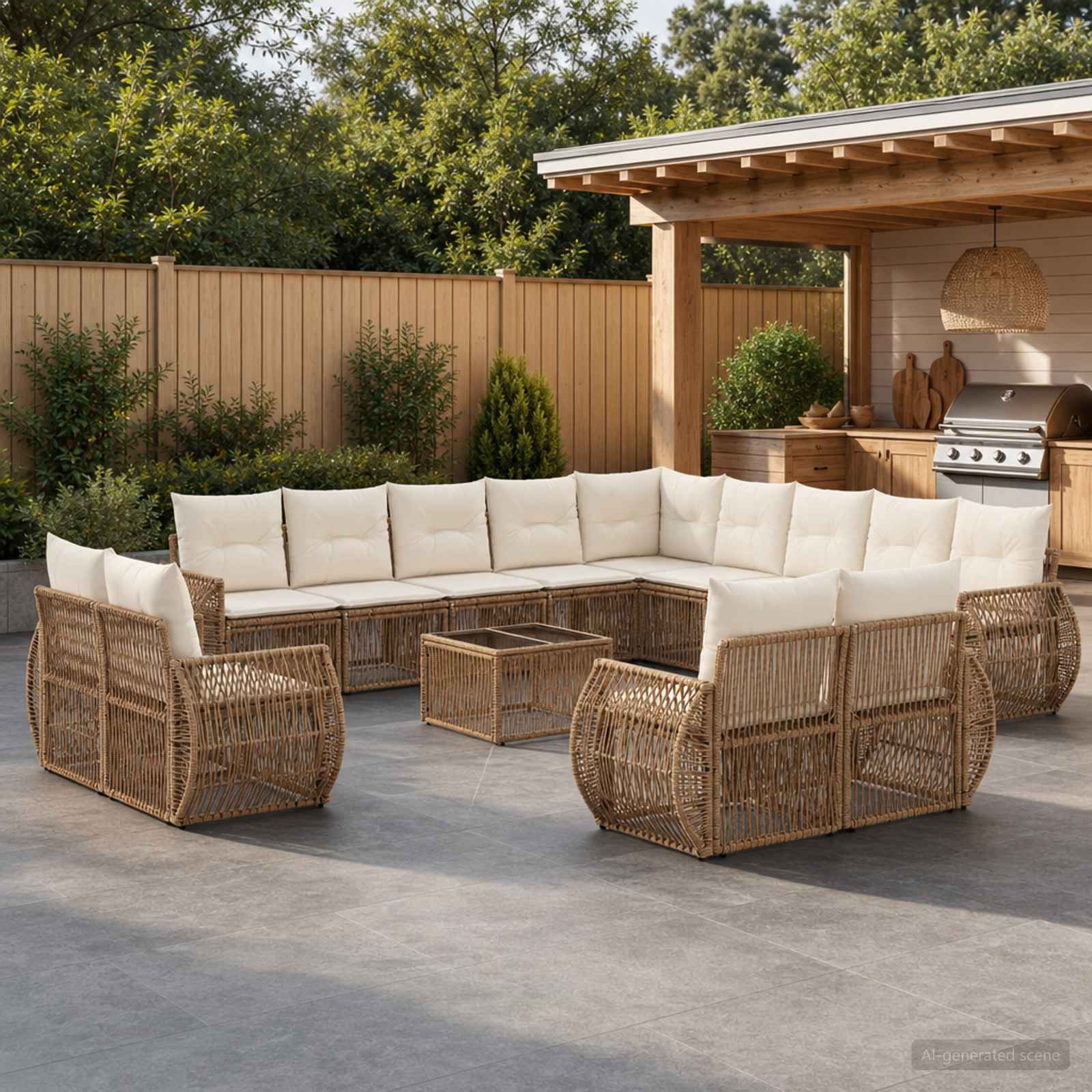 Gartensofa-set 14 pcs Beige und Cremeweiß Poly-Rattan