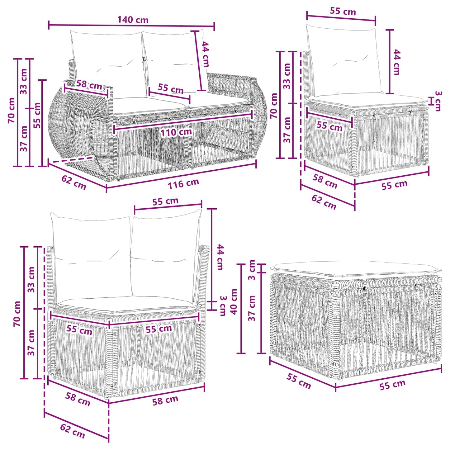 Gartensofa-set 9 stk. Grau Poly-Rattan