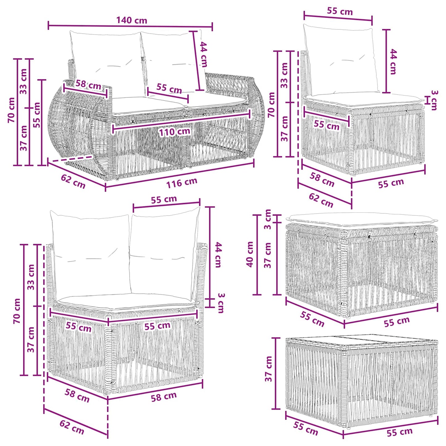 Gartensofa-set 10 stk. Grau Poly-Rattan