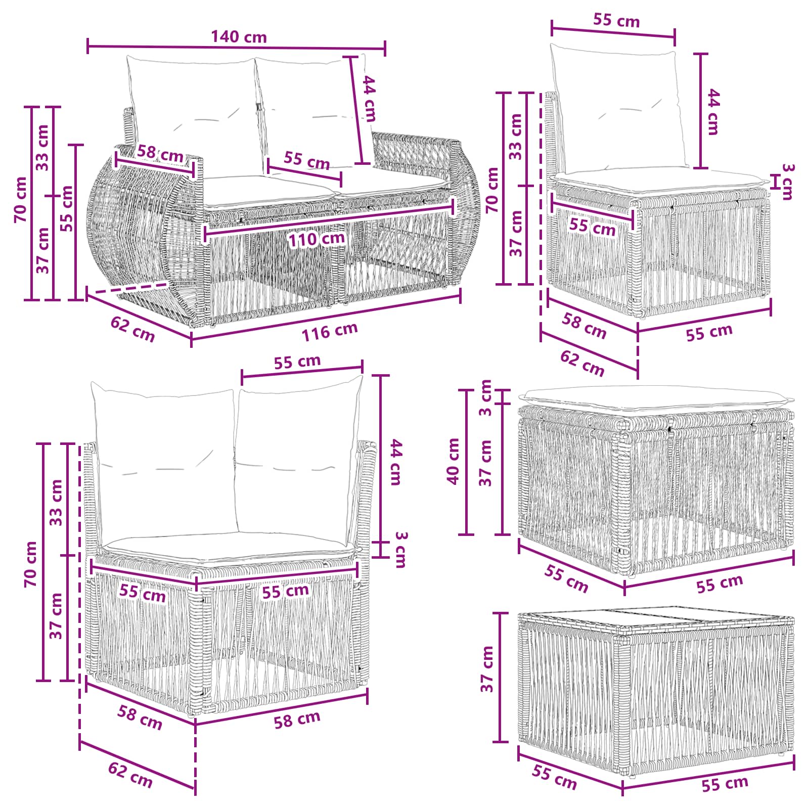 Gartensofa-set 12 stk. Schwarz Poly-Rattan