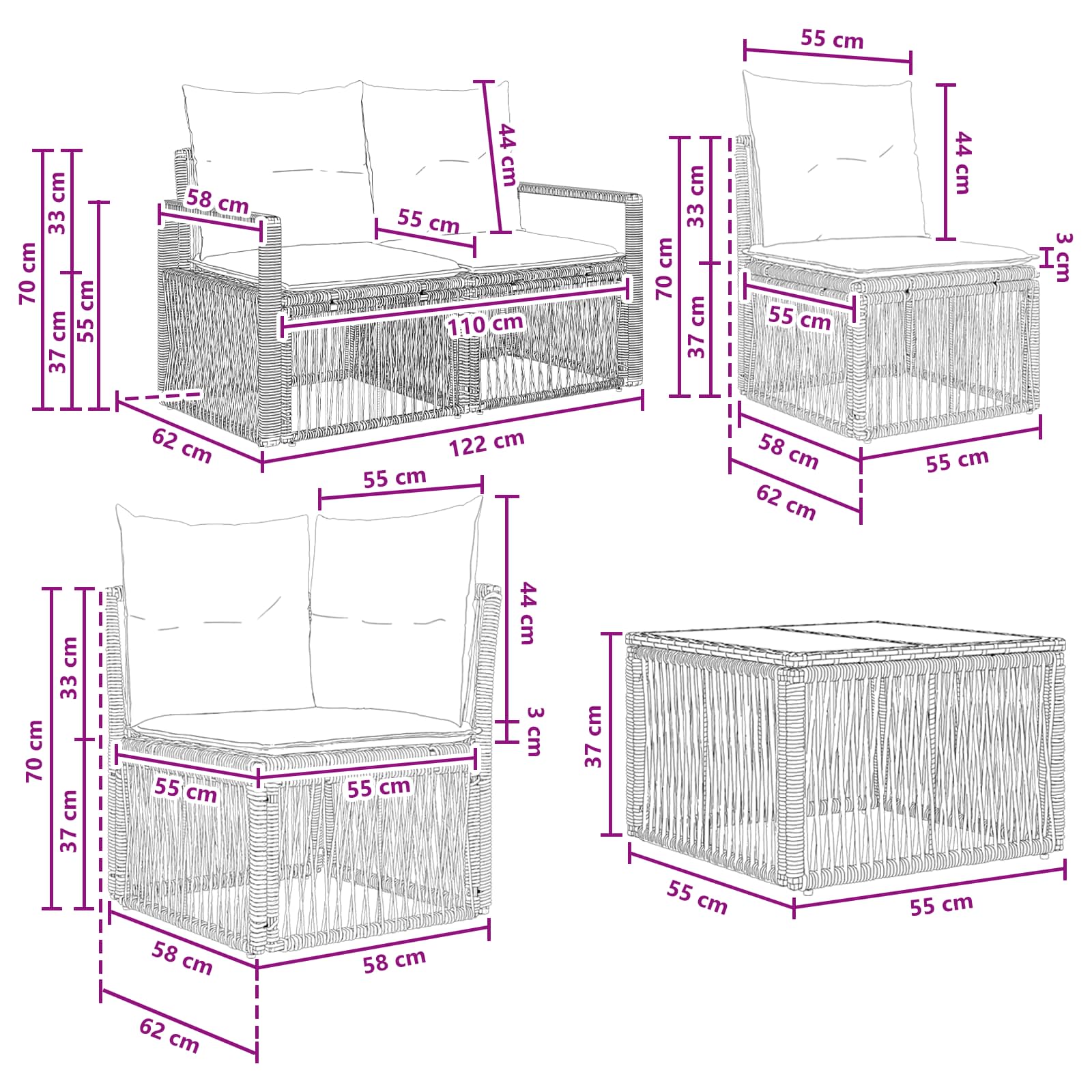 Gartensofa-set 9 stk. Schwarz Poly-Rattan