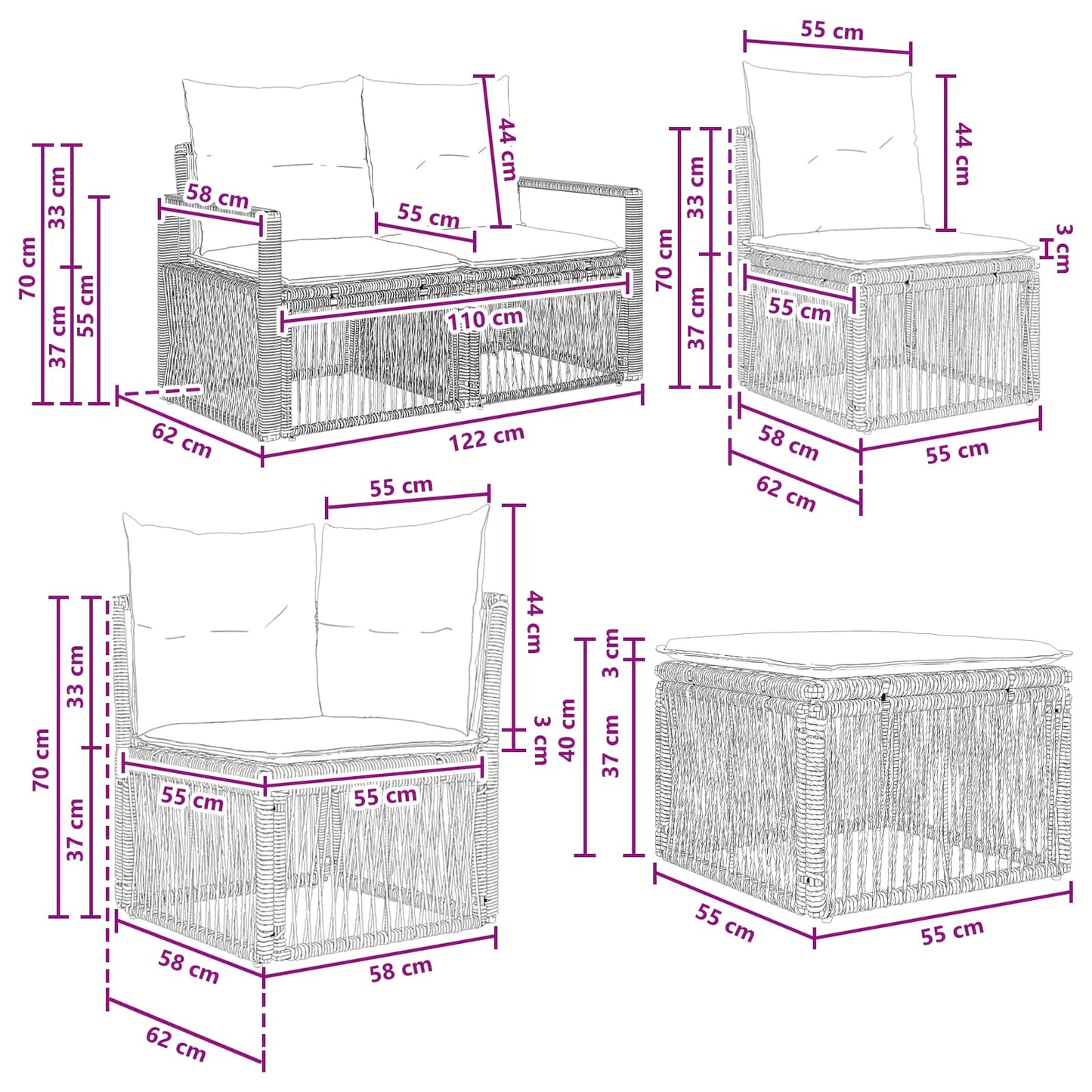 Gartensofa-set 6 stk. Grau Poly-Rattan