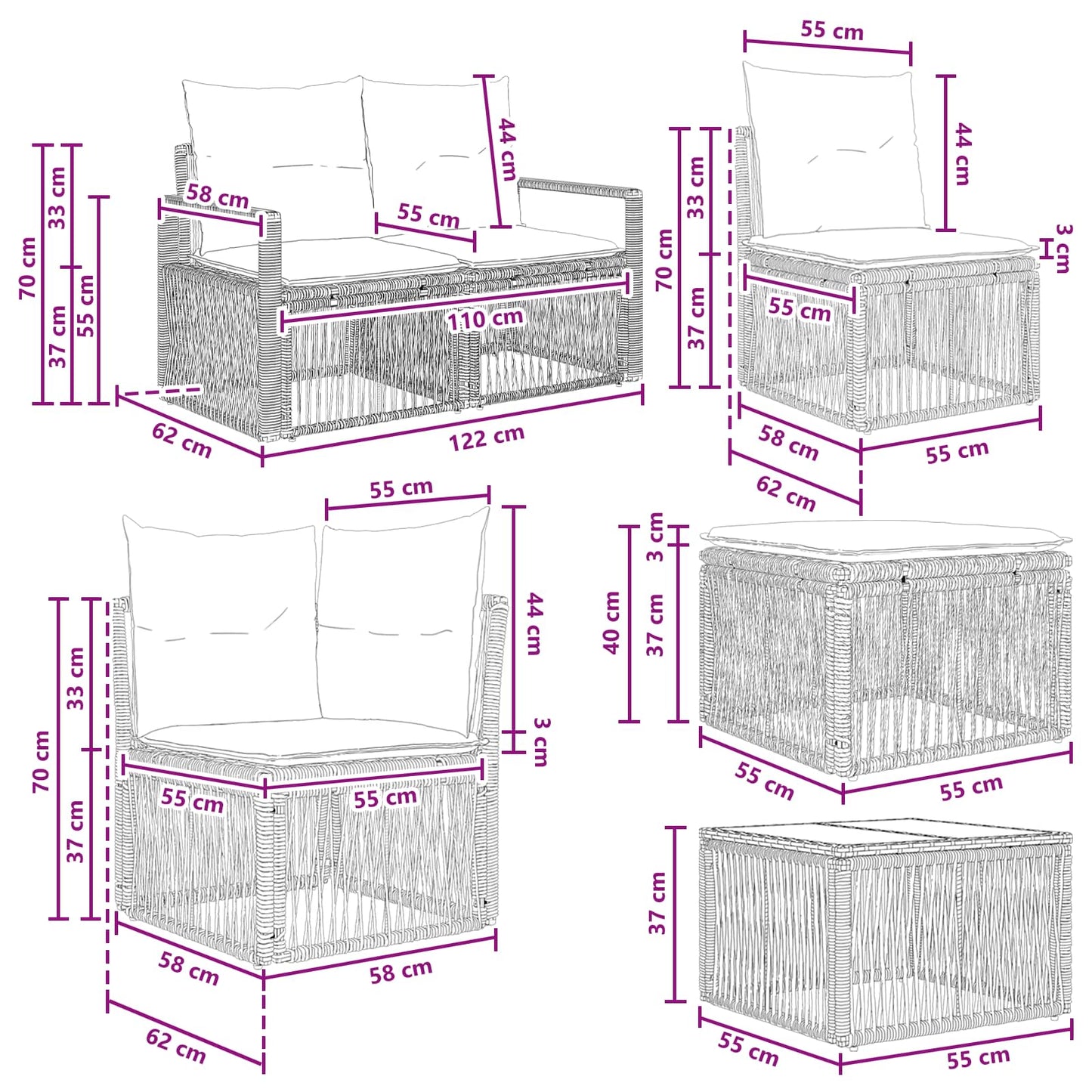 Gartensofa-set 8 stk. Schwarz Poly-Rattan
