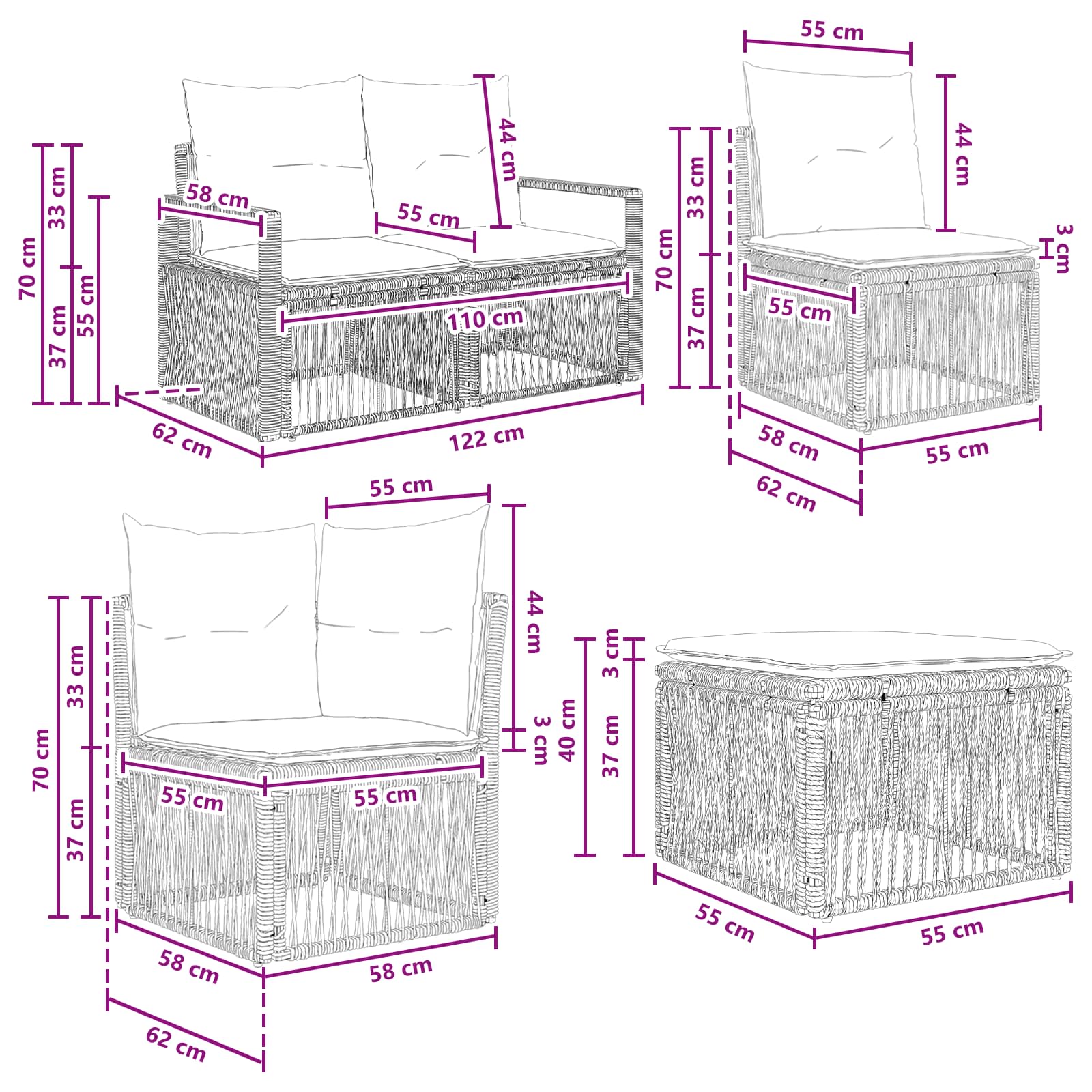 Gartensofa-set 8 stk. Schwarz Poly-Rattan